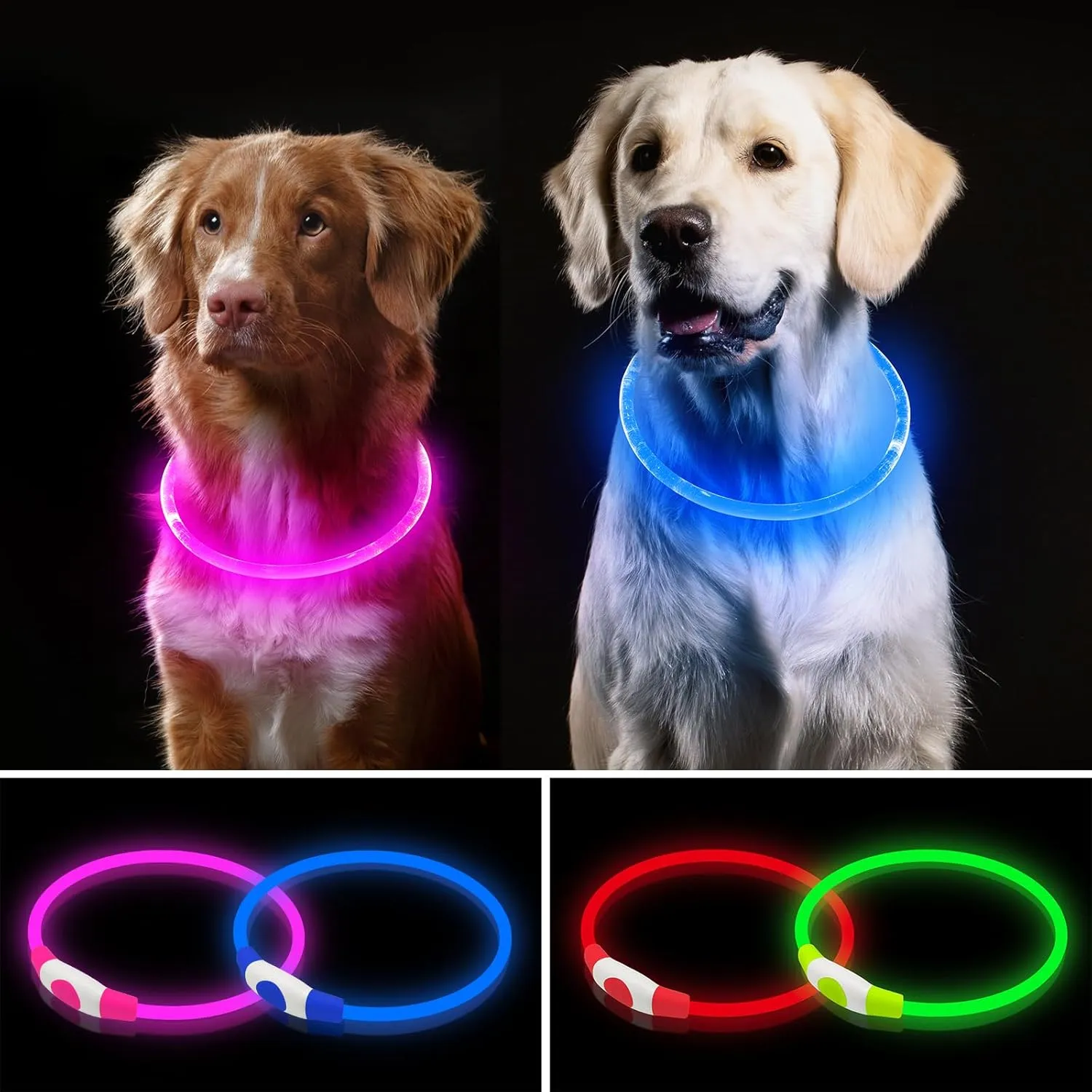2 Pack Light Up Dog Collar, USB Rechargeable Dog Collar Light for Night Walking, Led Lighted Dog Collar, Glow in The Dark Dog Collar for Small Medium Large Dogs (Pink Blue)
