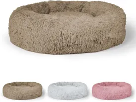 24/30 Inch Calming Donut Pet Bed for Small/Medium Cats and Dogs, Anti-Slip Bottom, Washable, Anti-Anxiety Fluffy Round Cat Bed, Indoor Shaggy Cuddler Cotton Candy Brown, Light Gray, Pink Bed