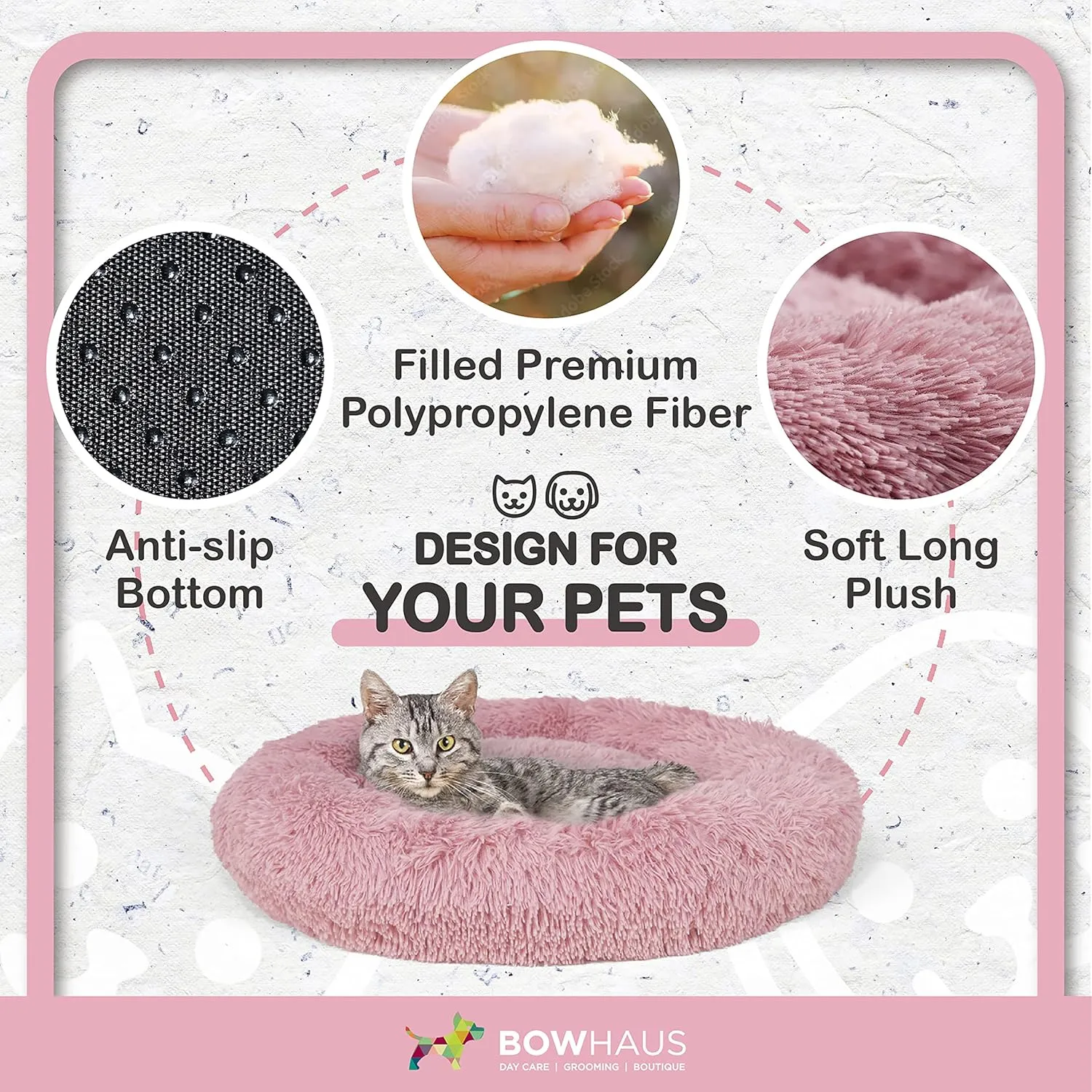24/30 Inch Calming Donut Pet Bed for Small/Medium Cats and Dogs, Anti-Slip Bottom, Washable, Anti-Anxiety Fluffy Round Cat Bed, Indoor Shaggy Cuddler Cotton Candy Brown, Light Gray, Pink Bed