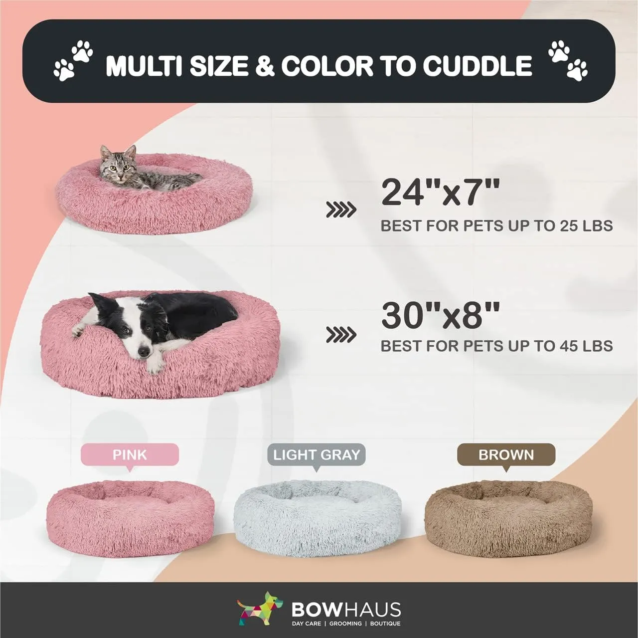 24/30 Inch Calming Donut Pet Bed for Small/Medium Cats and Dogs, Anti-Slip Bottom, Washable, Anti-Anxiety Fluffy Round Cat Bed, Indoor Shaggy Cuddler Cotton Candy Brown, Light Gray, Pink Bed