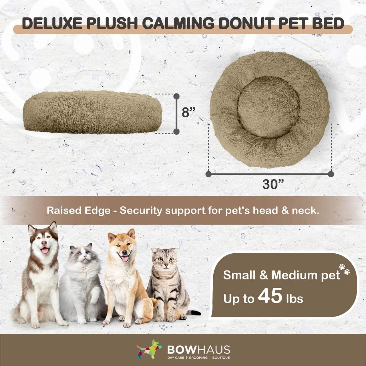 24/30 Inch Calming Donut Pet Bed for Small/Medium Cats and Dogs, Anti-Slip Bottom, Washable, Anti-Anxiety Fluffy Round Cat Bed, Indoor Shaggy Cuddler Cotton Candy Brown, Light Gray, Pink Bed