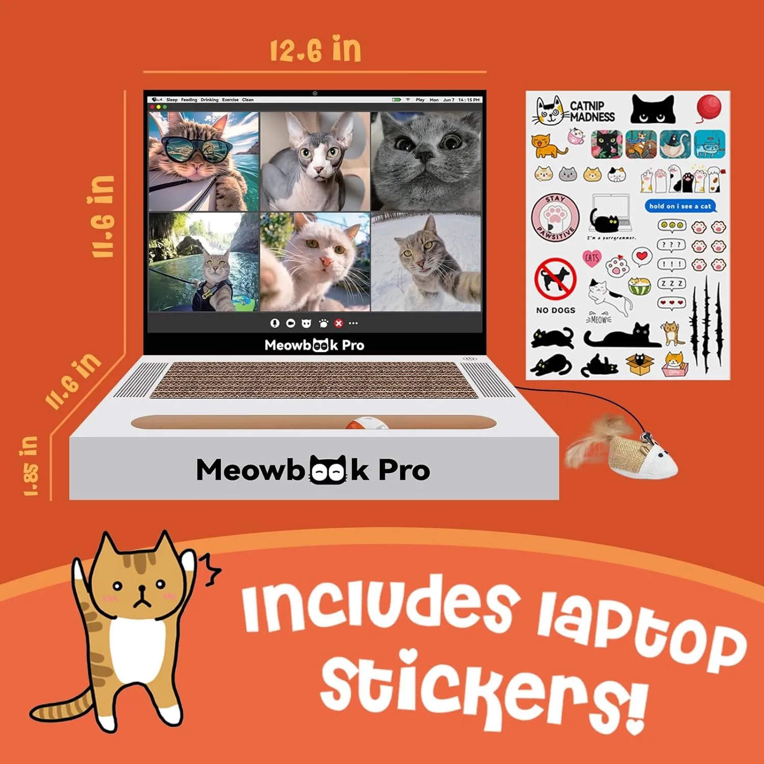 2PCS Cat Scratcher Laptop with 'Mouse' Jingle Ball, Stickers, 3-in-1 Cardboard Cat Interactive Toy, Kitten Toy & Cat Scratching Pad