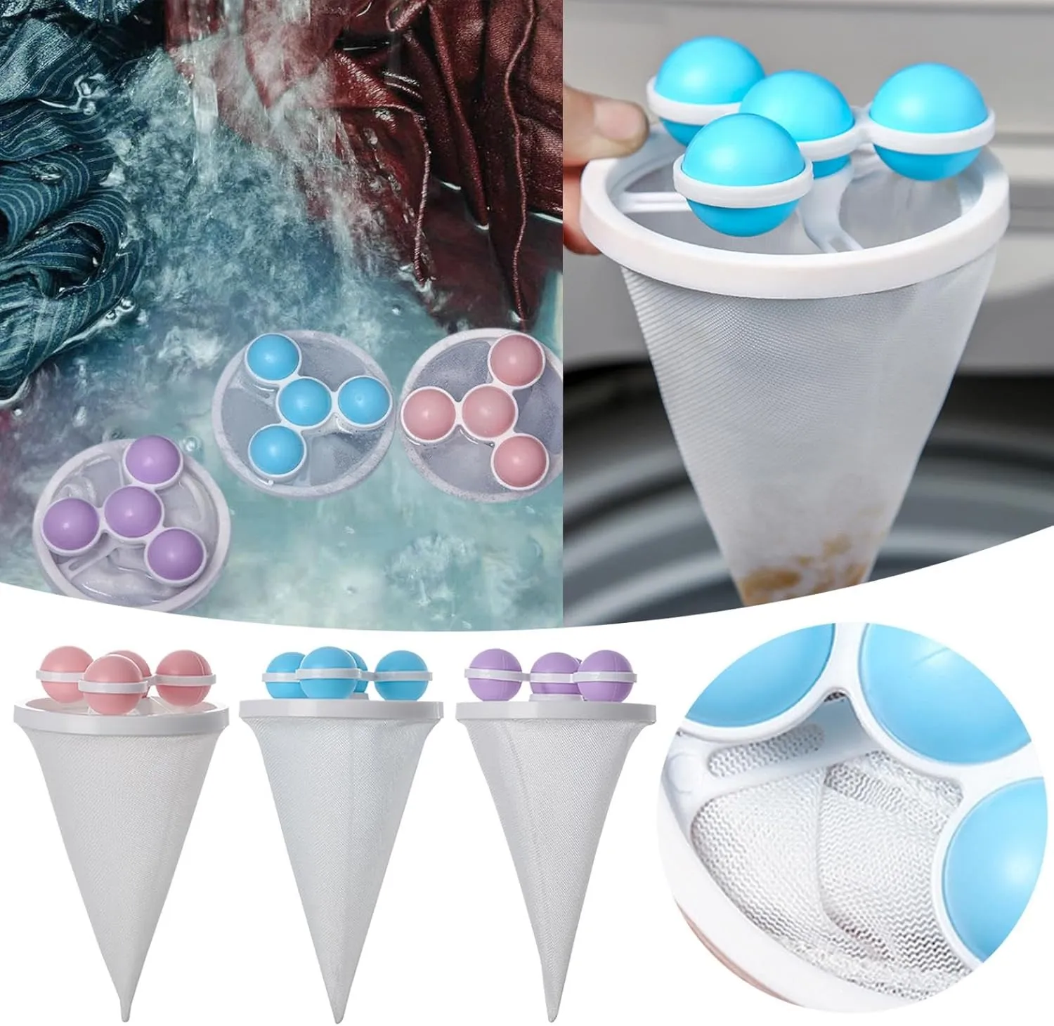 3Pcs Floating Hair Filtering Mesh Removal, Reusable Washing Machine Hair Filter Cleaning Mesh Bag, Lint Catcher for Washing Machine Wool Device, Pet Dog Cat Hair Remover for Laundry (3PC Purple)