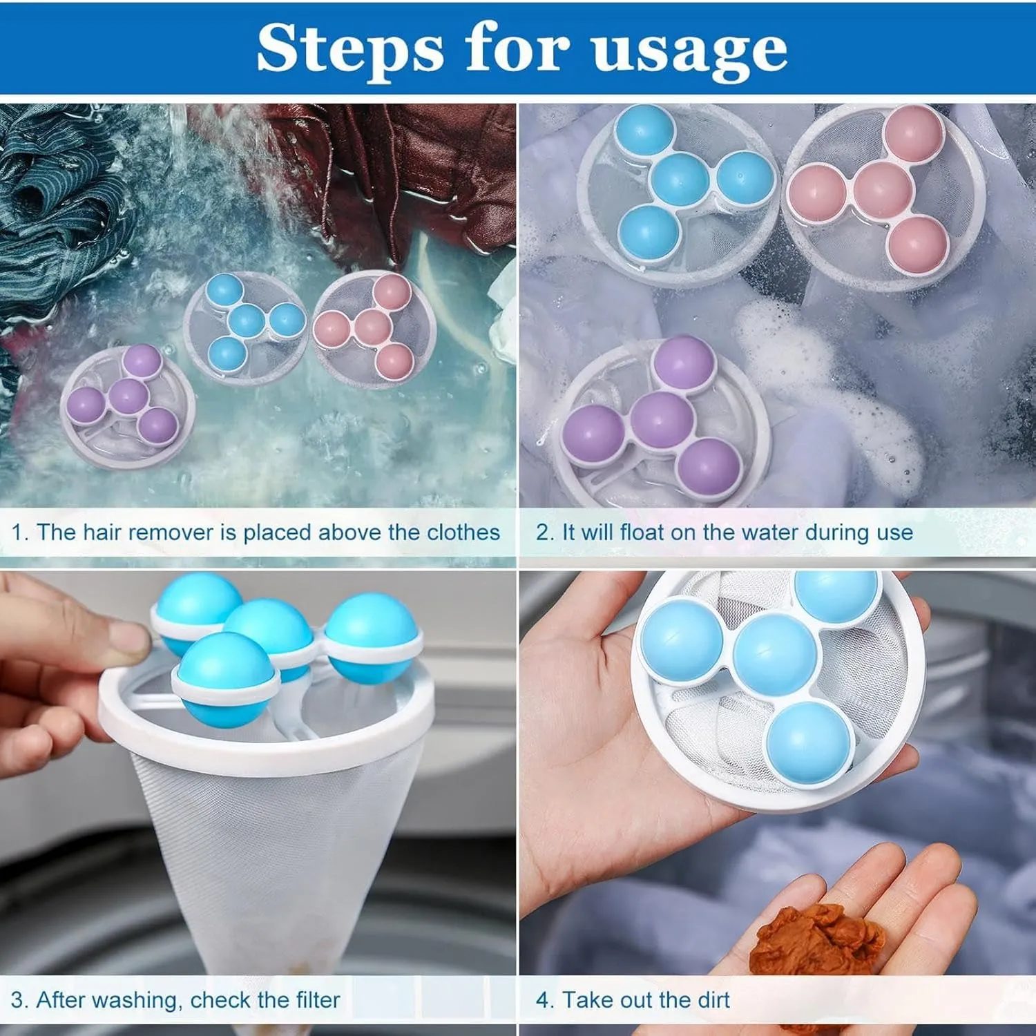 3Pcs Floating Hair Filtering Mesh Removal, Reusable Washing Machine Hair Filter Cleaning Mesh Bag, Lint Catcher for Washing Machine Wool Device, Pet Dog Cat Hair Remover for Laundry (3PC Purple)