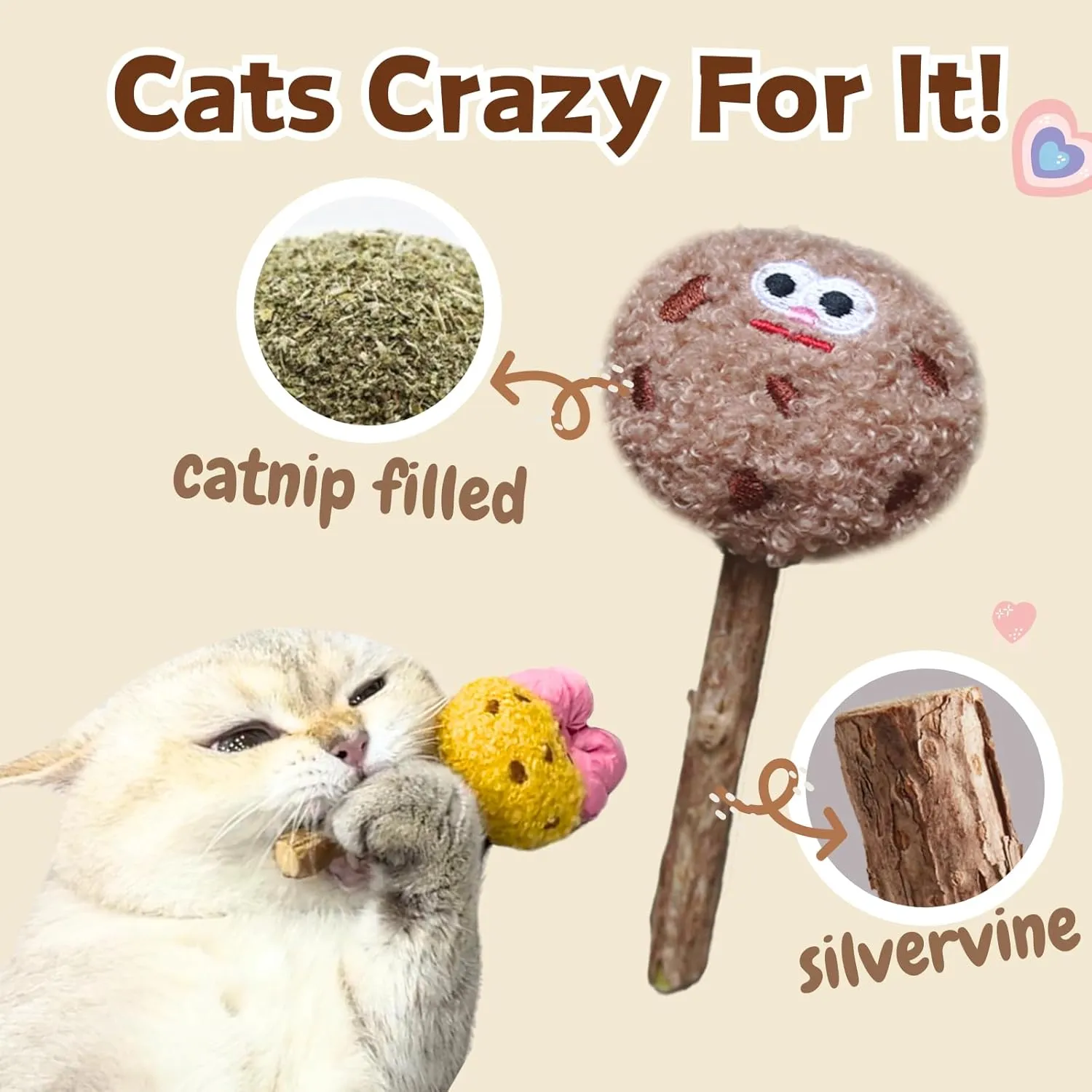 4 Pack Catnip & Silvervine Lollipops, Cat Chew Toy for Kitten Teething, Interactive Cat Toy for Bored Indoor Cats, Cat Kicker Toy