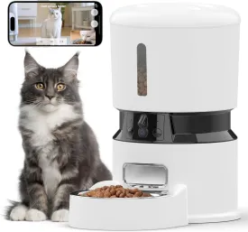 Automatic Cat Feeder with 2 Cameras 1080P HD with Night Vision Pet Food Dispenser Two-Way Voice and Audio Dog Smart WiFi Dog & Cat Feeder Programmable Schedule Slow Bowl White