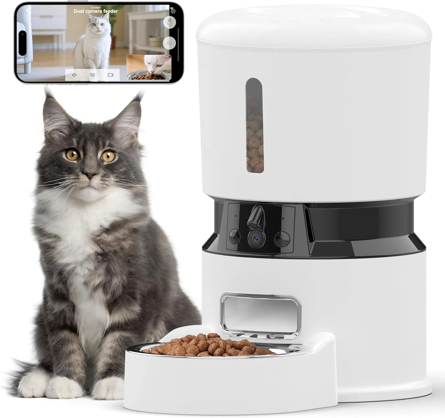 Automatic Cat Feeder with 2 Cameras 1080P HD with Night Vision Pet Food Dispenser Two-Way Voice and Audio Dog Smart WiFi Dog & Cat Feeder Programmable Schedule Slow Bowl White