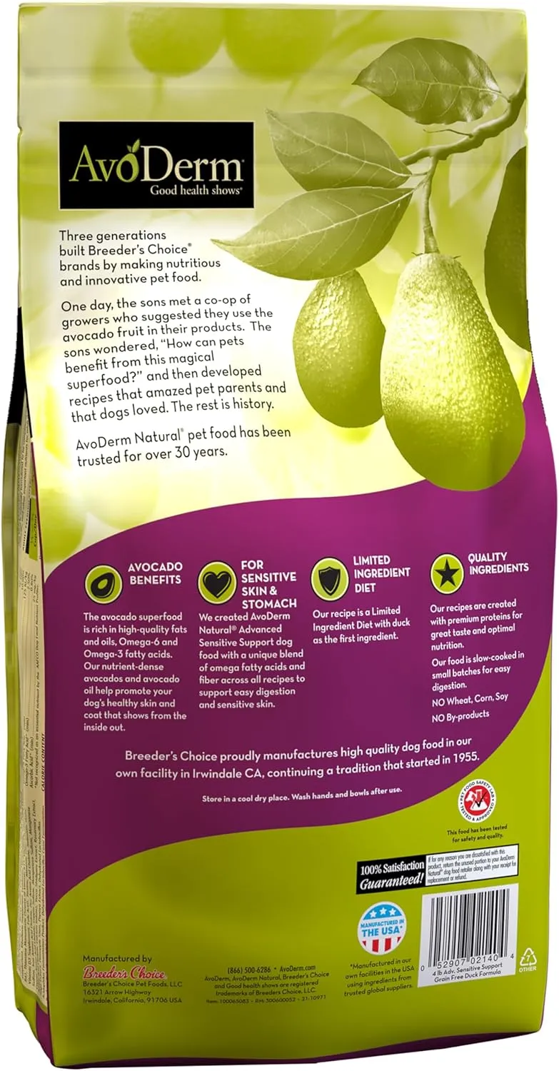 AvoDerm Advanced Sensitive Support Grain-Free Duck Formula Dog Food, Sensitive Stomach, 4lb