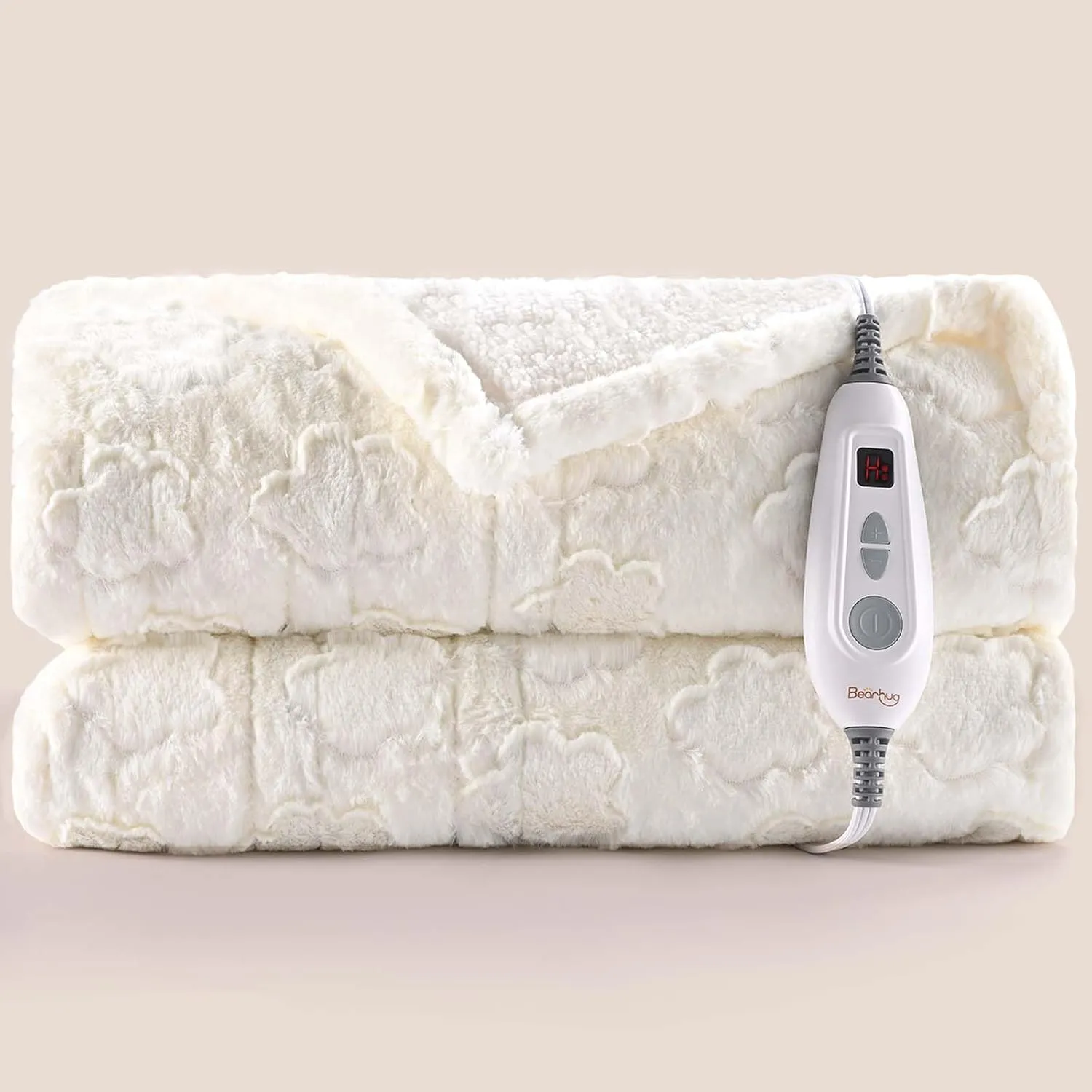 Bearhug Heated Throw Blanket, 50"60" Electric Throw, White Flower Patterns Faux Fur & Warm Sherpa, 4h Auto-Off Timer & 6 Heating Levels,ETL Certified, Machine Washable, Gift Box