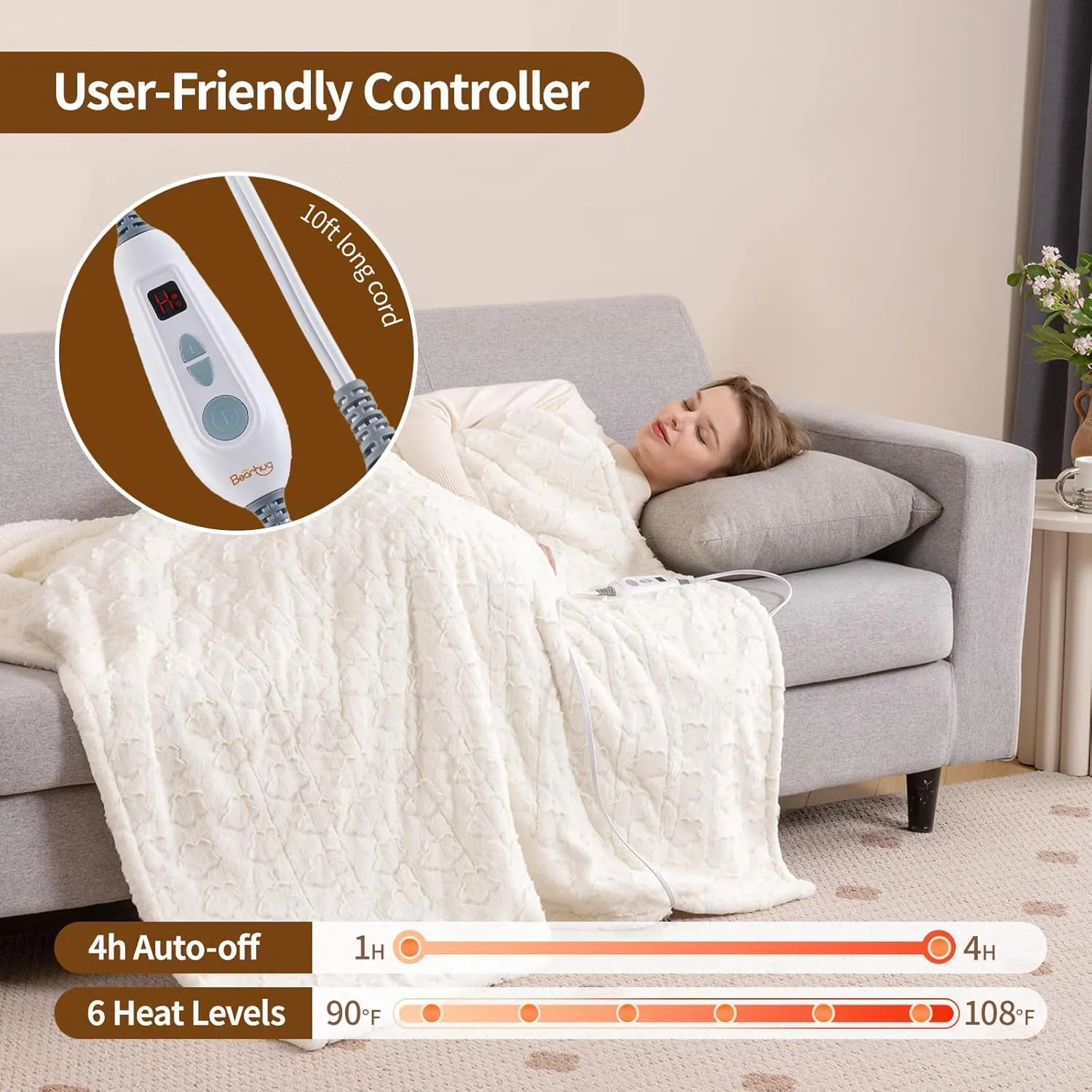 Bearhug Heated Throw Blanket, 50"60" Electric Throw, White Flower Patterns Faux Fur & Warm Sherpa, 4h Auto-Off Timer & 6 Heating Levels,ETL Certified, Machine Washable, Gift Box