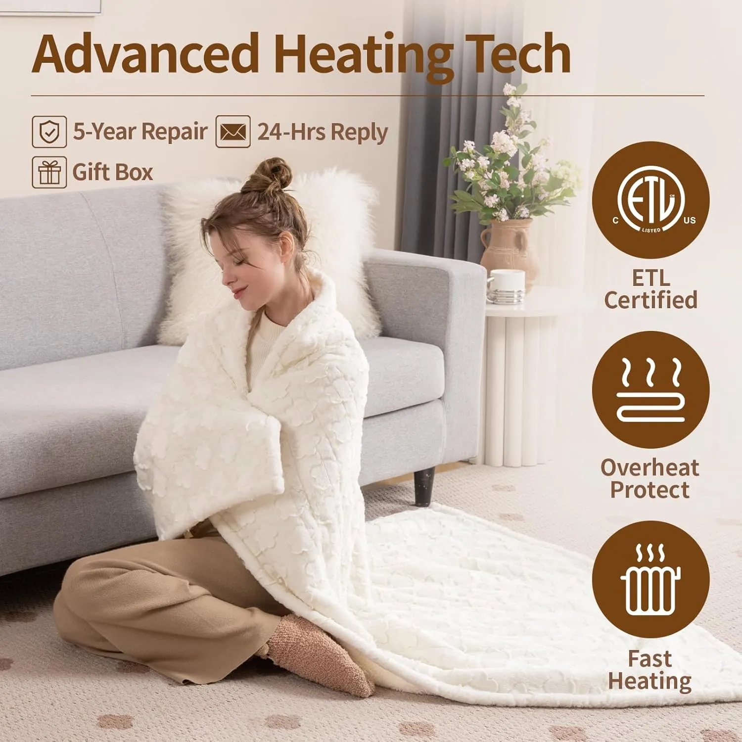 Bearhug Heated Throw Blanket, 50"60" Electric Throw, White Flower Patterns Faux Fur & Warm Sherpa, 4h Auto-Off Timer & 6 Heating Levels,ETL Certified, Machine Washable, Gift Box