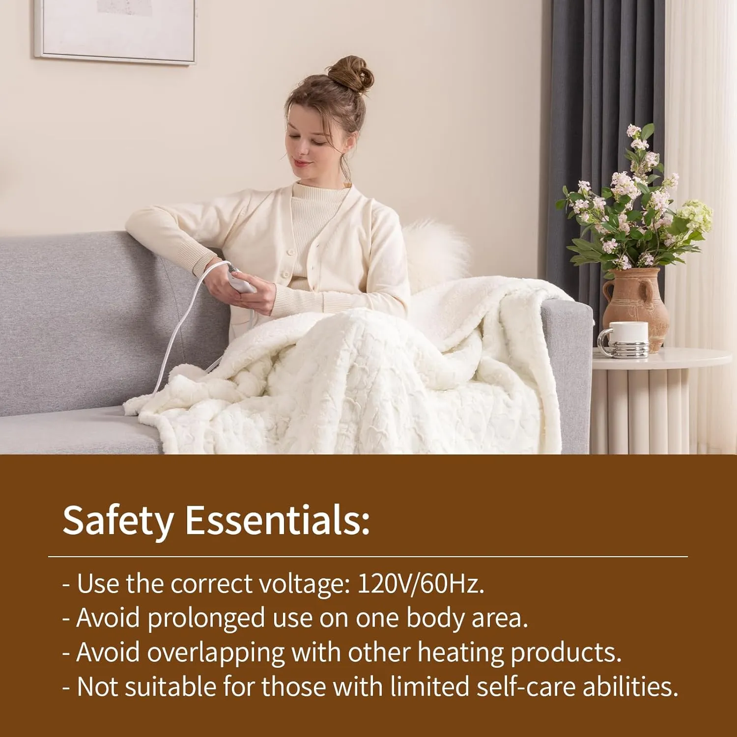 Bearhug Heated Throw Blanket, 50"60" Electric Throw, White Flower Patterns Faux Fur & Warm Sherpa, 4h Auto-Off Timer & 6 Heating Levels,ETL Certified, Machine Washable, Gift Box
