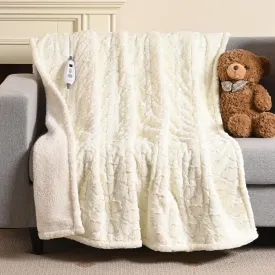 Bearhug Heated Throw Blanket, 50"60" Electric Throw, White Flower Patterns Faux Fur & Warm Sherpa, 4h Auto-Off Timer & 6 Heating Levels,ETL Certified, Machine Washable, Gift Box