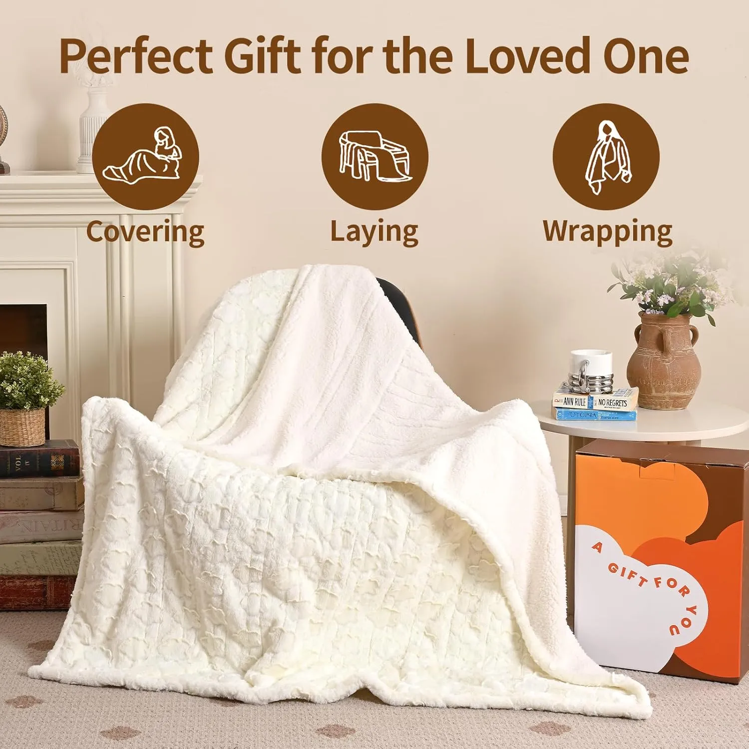 Bearhug Heated Throw Blanket, 50"60" Electric Throw, White Flower Patterns Faux Fur & Warm Sherpa, 4h Auto-Off Timer & 6 Heating Levels,ETL Certified, Machine Washable, Gift Box
