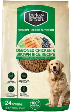 Berkley-Jensens Chicken and Brown Rice Dry Dog Food, 24 lbs, Real Chicken, No Corn, Wheat, Soy, Omega 3 & 6, Probiotics, Antioxidants, Supports Healthy Digestion, Skin, Coat, All Life Stages