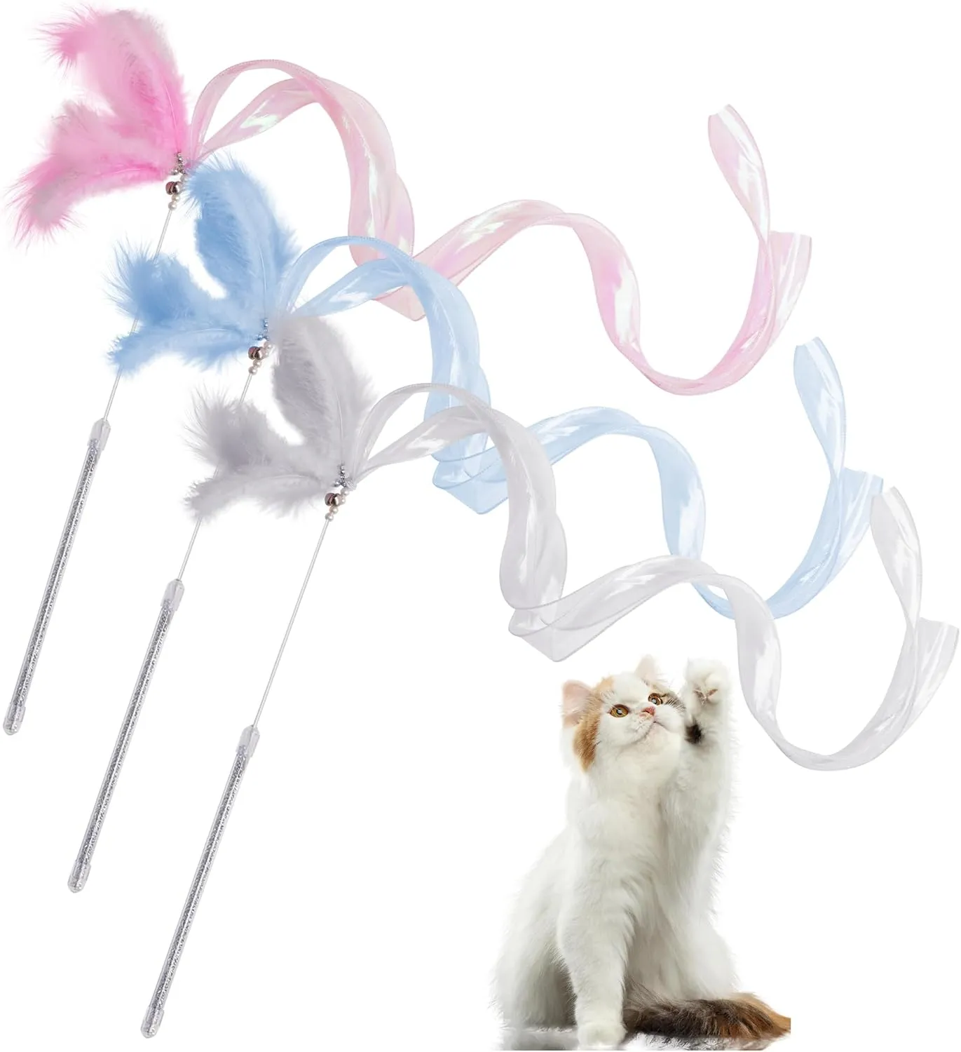 Cat Wand Toys, 3Pcs Interactive Kitten Wand Toys for Bored Indoor Cats, Cat Teaser Wand with Bell and Long Ribbon