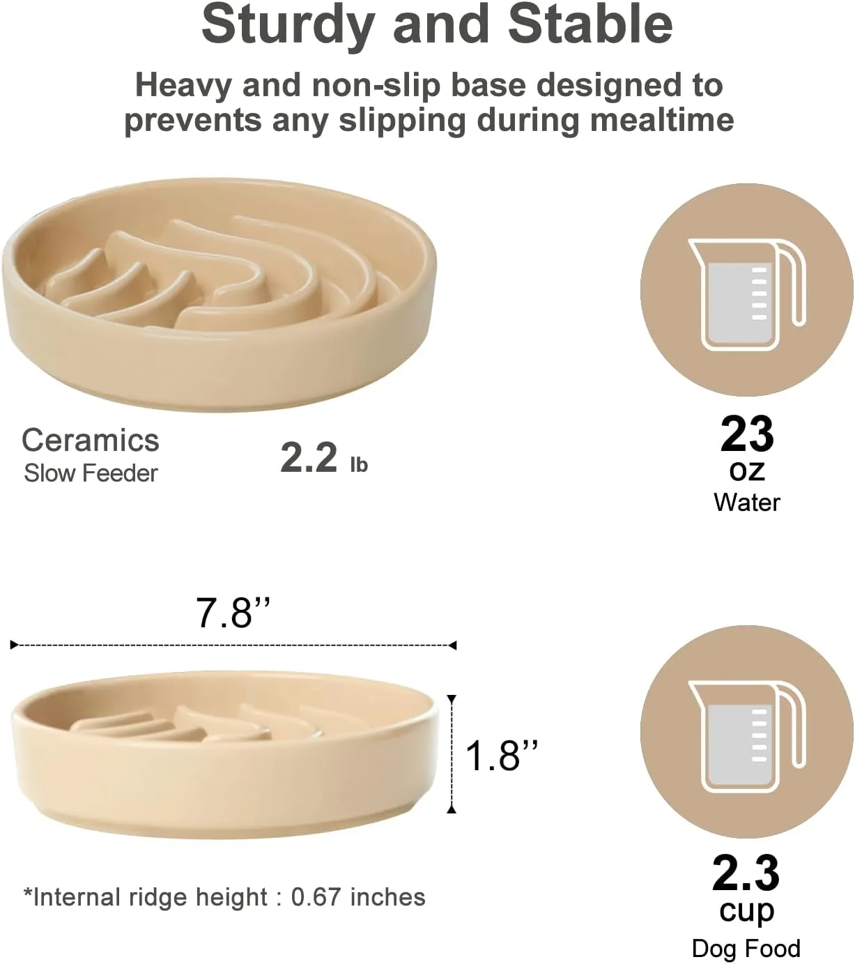 Ceramic Maze Slow Feeder Dog Bowl for Small & Large Breeds, Slow Eating Food Bowl, Non-Slip Stand, Pet Food Puzzle Design- 9-43OZ (Apricot-M)