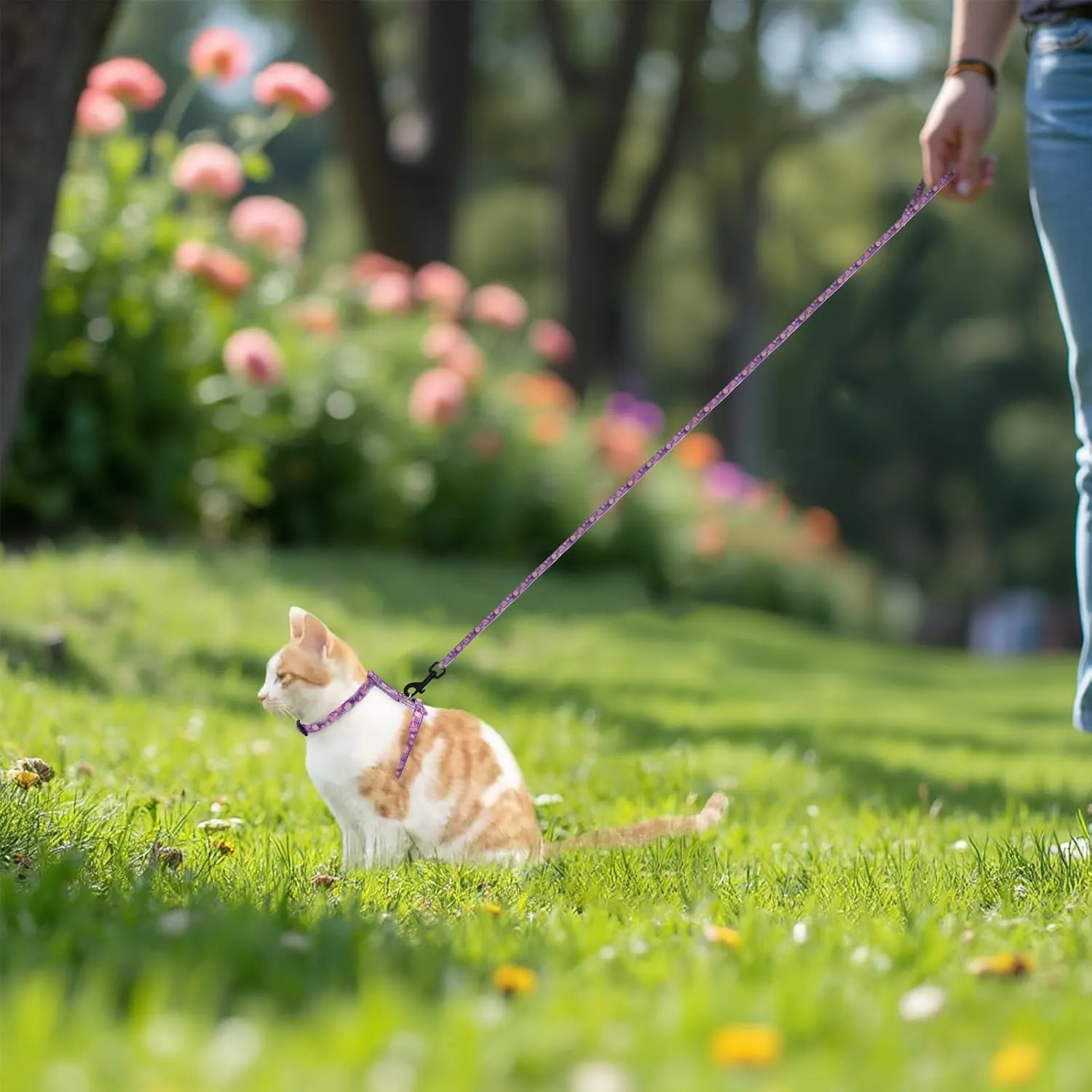 Cotton Cat Harness and Leash Set, Escape-Proof Adjustable Soft Harness for Kitten, Small & Large Cats, Ideal for Travel & Outdoor Walking (Flower)