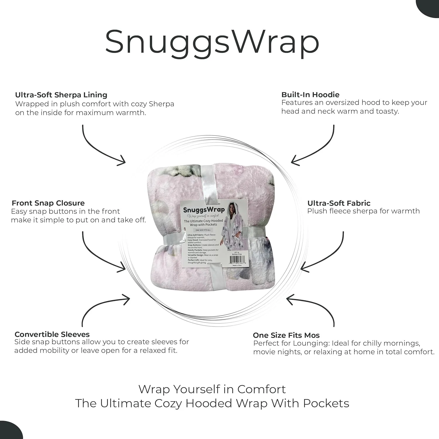Cozy Sherpa Snugg Wrap for Women - Soft Fleece Blanket Hoodie - 32 Dog and Cat Breeds - Warm Lightweight Gift for Pet Lovers
