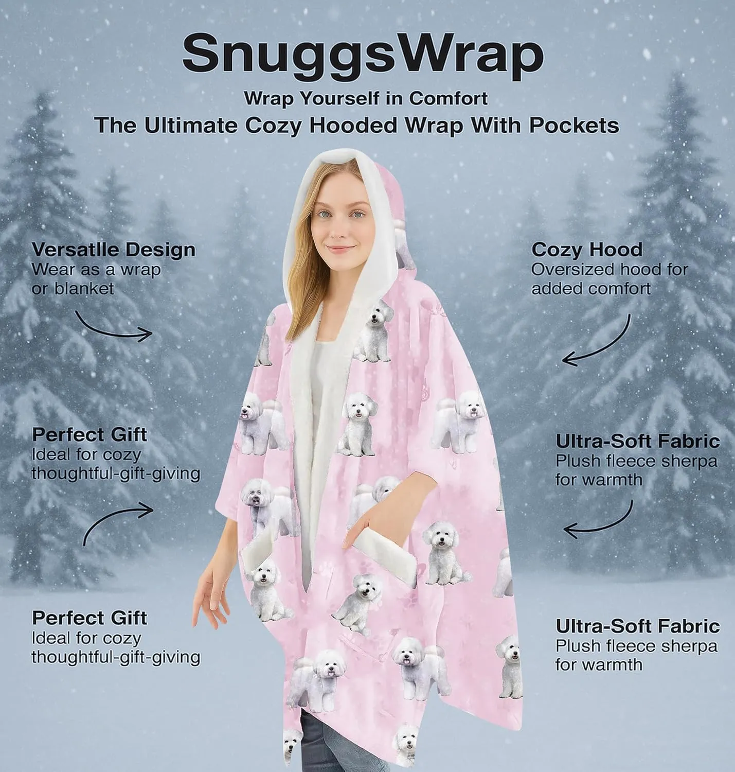 Cozy Sherpa Snugg Wrap for Women - Soft Fleece Blanket Hoodie - 32 Dog and Cat Breeds - Warm Lightweight Gift for Pet Lovers