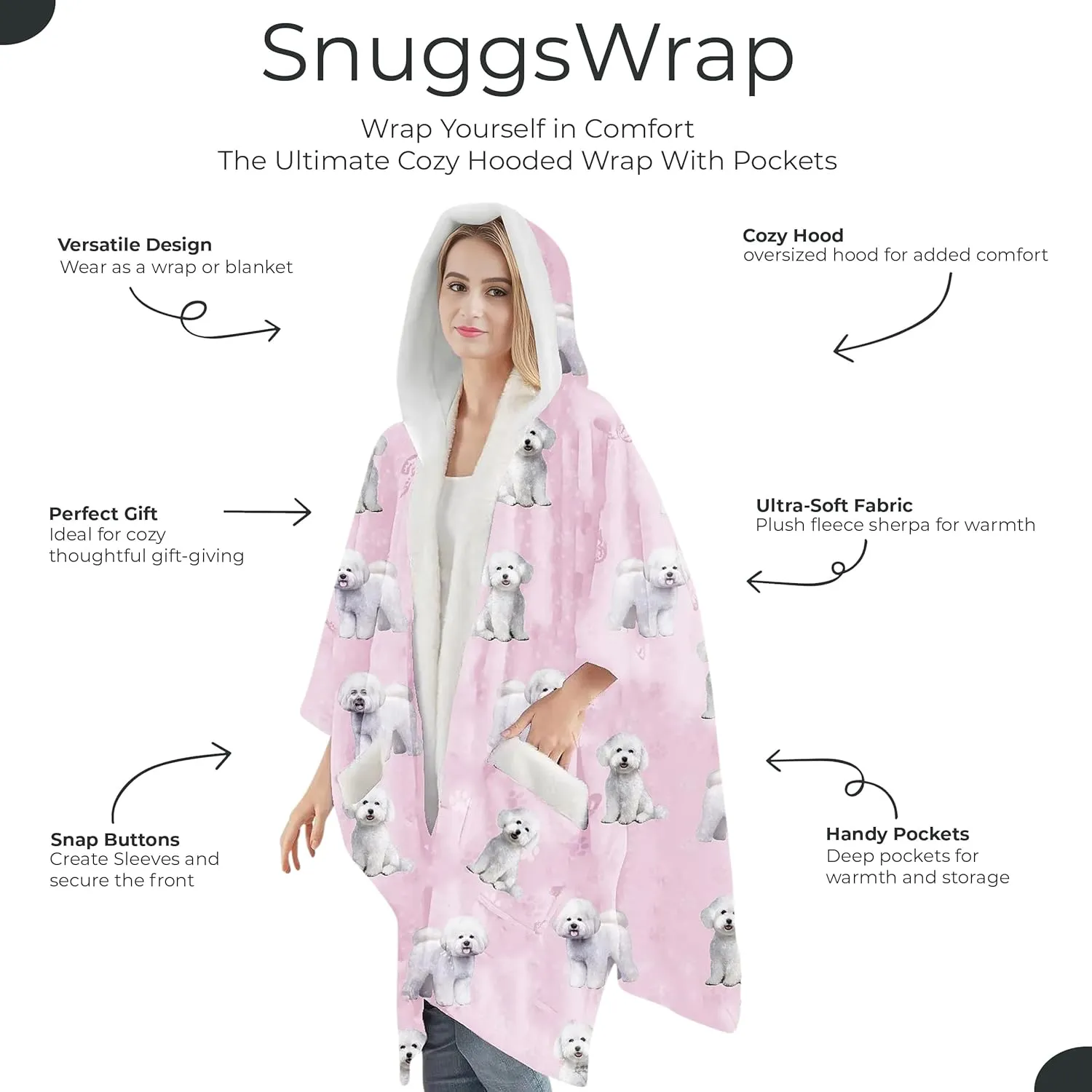 Cozy Sherpa Snugg Wrap for Women - Soft Fleece Blanket Hoodie - 32 Dog and Cat Breeds - Warm Lightweight Gift for Pet Lovers