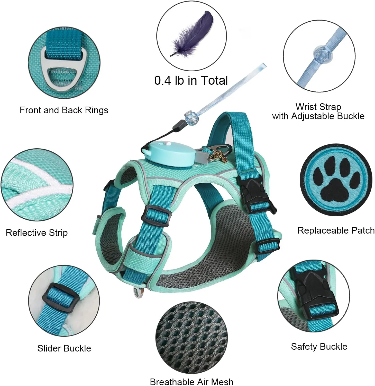 Dog Harness for Small Dogs up to 16lbs, 3-in-1 No Pull Lightweight Harness with 6.6ft Retractable,Wearable Leash Set,Front Clip,Handle,Reflective Dog Vest with Patch,Wrist Strap,Free Hand Leash-Blue