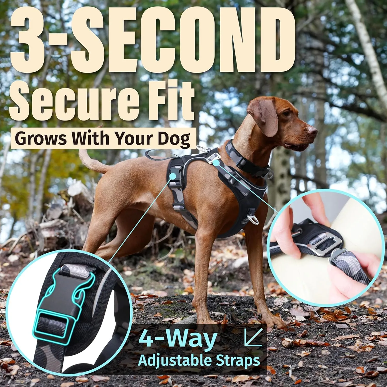 Dog Harness No-Pull with Front & Back D-Rings, Water-Repellent 600D Oxford for Hiking/Training/Walks, Reflective Adjustable Vest, Lightweight Aluminum Hardware Fit for Medium Sized Dogs, Camo Black, M