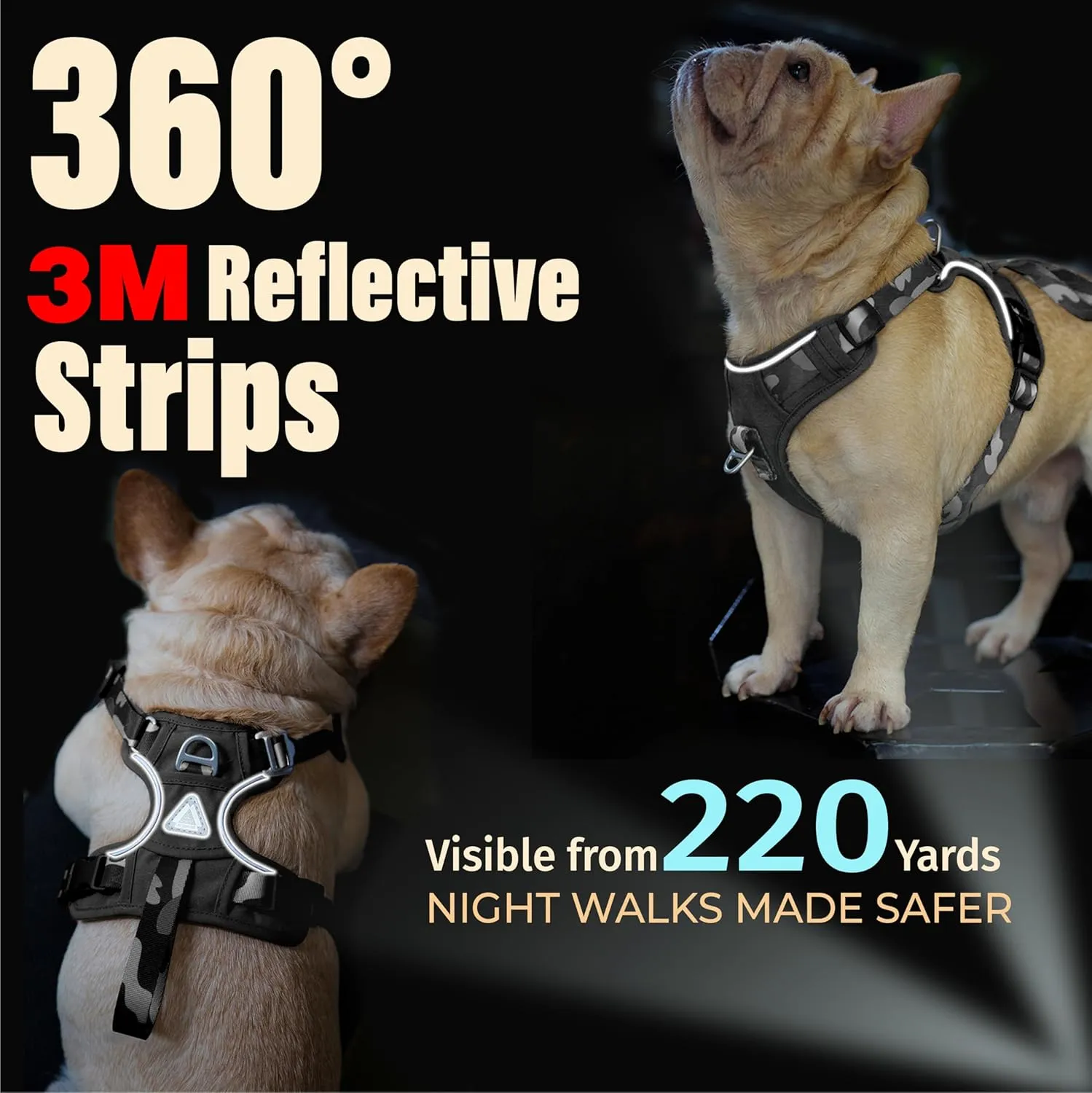 Dog Harness No-Pull with Front & Back D-Rings, Water-Repellent 600D Oxford for Hiking/Training/Walks, Reflective Adjustable Vest, Lightweight Aluminum Hardware Fit for Medium Sized Dogs, Camo Black, M