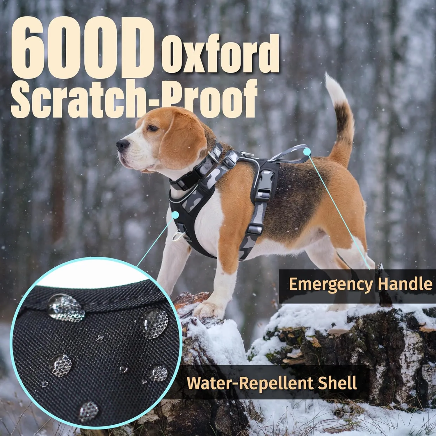Dog Harness No-Pull with Front & Back D-Rings, Water-Repellent 600D Oxford for Hiking/Training/Walks, Reflective Adjustable Vest, Lightweight Aluminum Hardware Fit for Medium Sized Dogs, Camo Black, M
