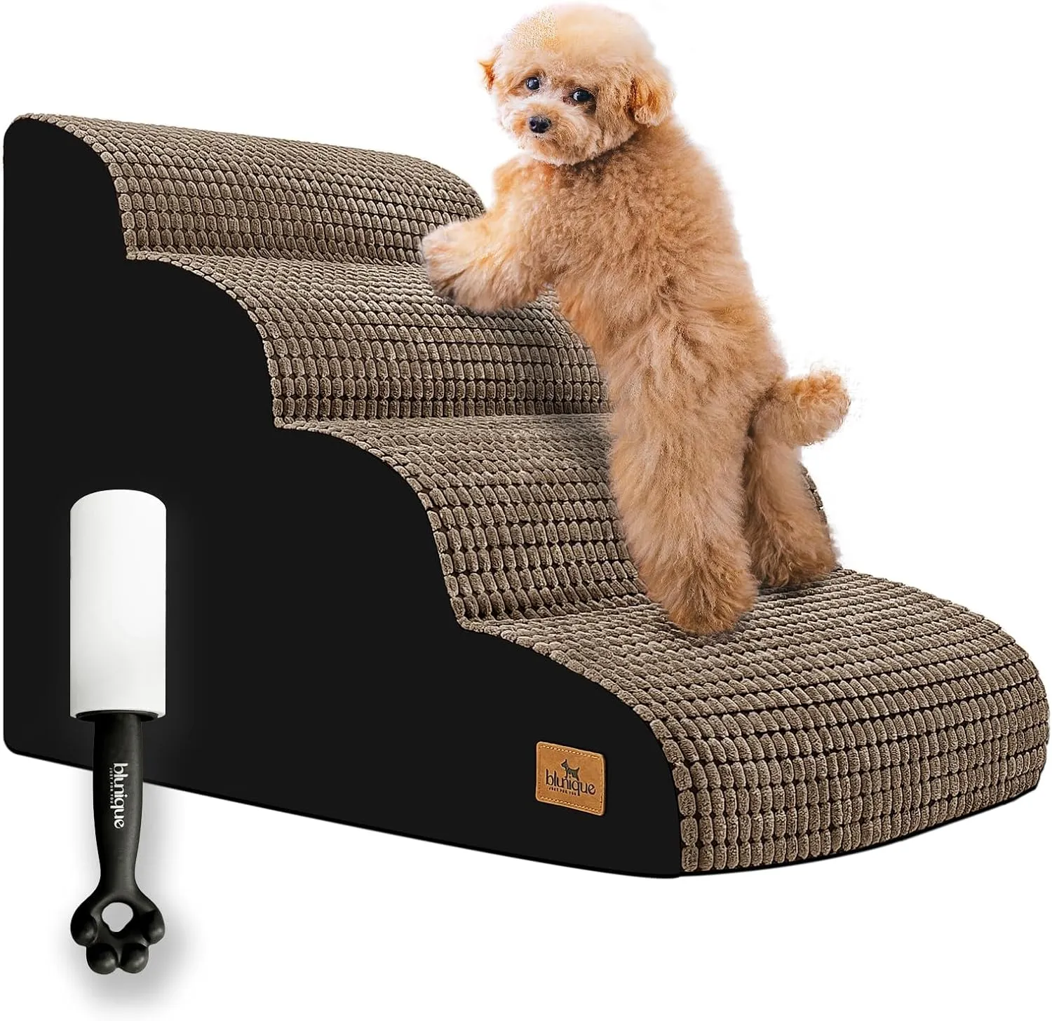 Dog Stairs for Small Pets, 20.5 in H 4 Step Curved Ramp for High Bed and Couch, Foam With Durable Non-Slip Waterproof Fabric Cover, Pet Stairs for Joints, Brown