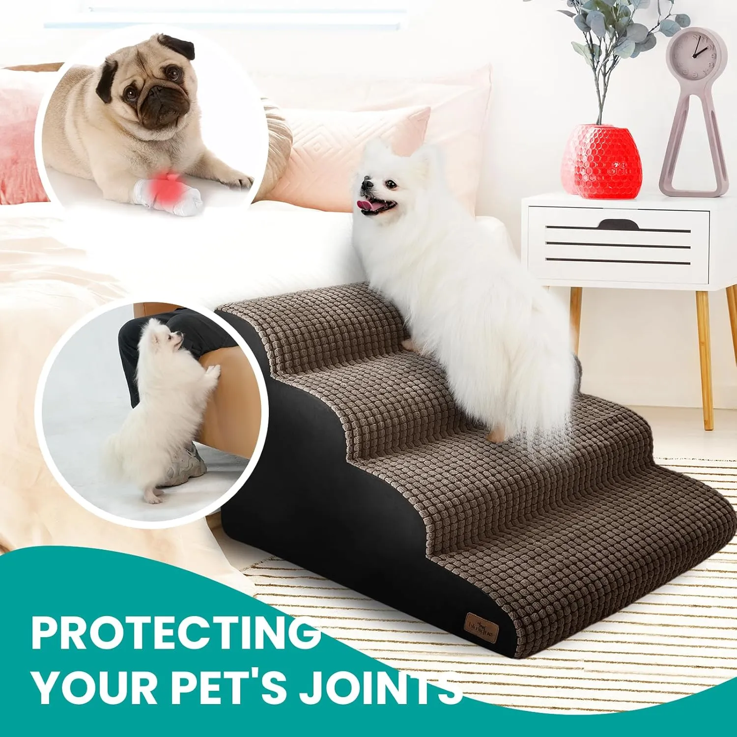 Dog Stairs for Small Pets, 20.5 in H 4 Step Curved Ramp for High Bed and Couch, Foam With Durable Non-Slip Waterproof Fabric Cover, Pet Stairs for Joints, Brown