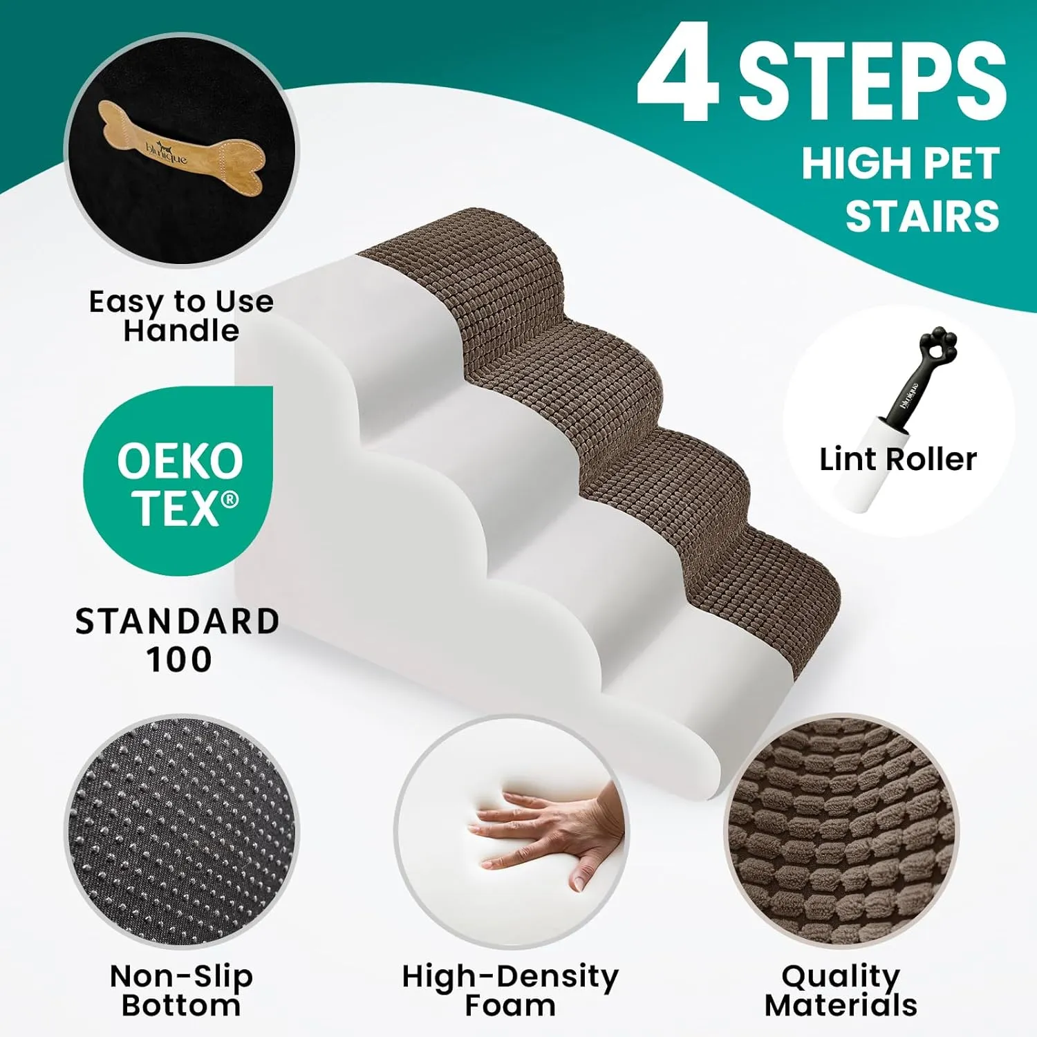 Dog Stairs for Small Pets, 20.5 in H 4 Step Curved Ramp for High Bed and Couch, Foam With Durable Non-Slip Waterproof Fabric Cover, Pet Stairs for Joints, Brown