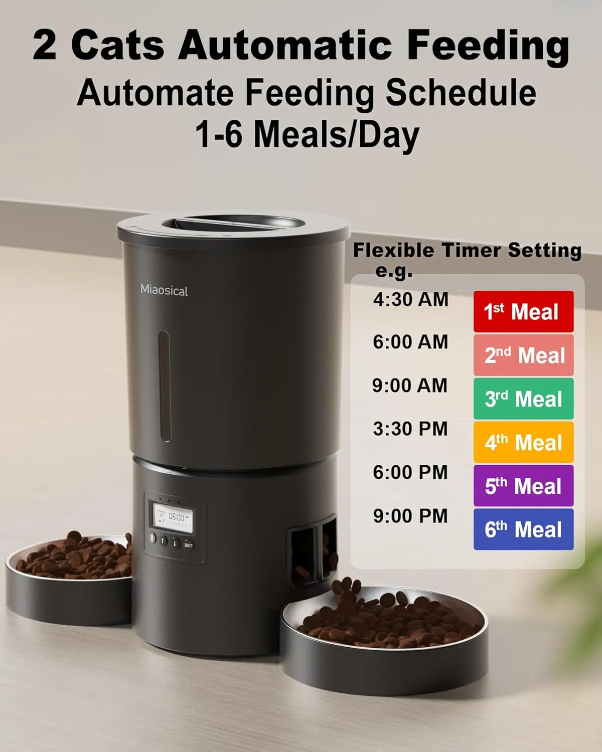 Dual Automatic Cat Feeder 2 Cats,6 Meals/Day,12 Portions/Meal,4.2L Dual Power Double Bowls Feeder,Dry Food Auto Pet Dispenser,10S Voice Record,Flexible Schedule Timer (Black,Basic Dual Bowls)