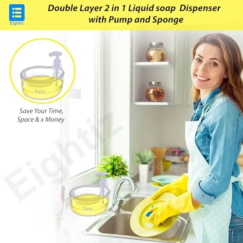 Eightiz 2 Pcs Double Layer Soap Dispenser for Bathroom Accessories Dishwasher Liquid Holder Liquid Dispenser Pump with Sponge Holder Kitchen Sink Accessories Items (Pack of 2)