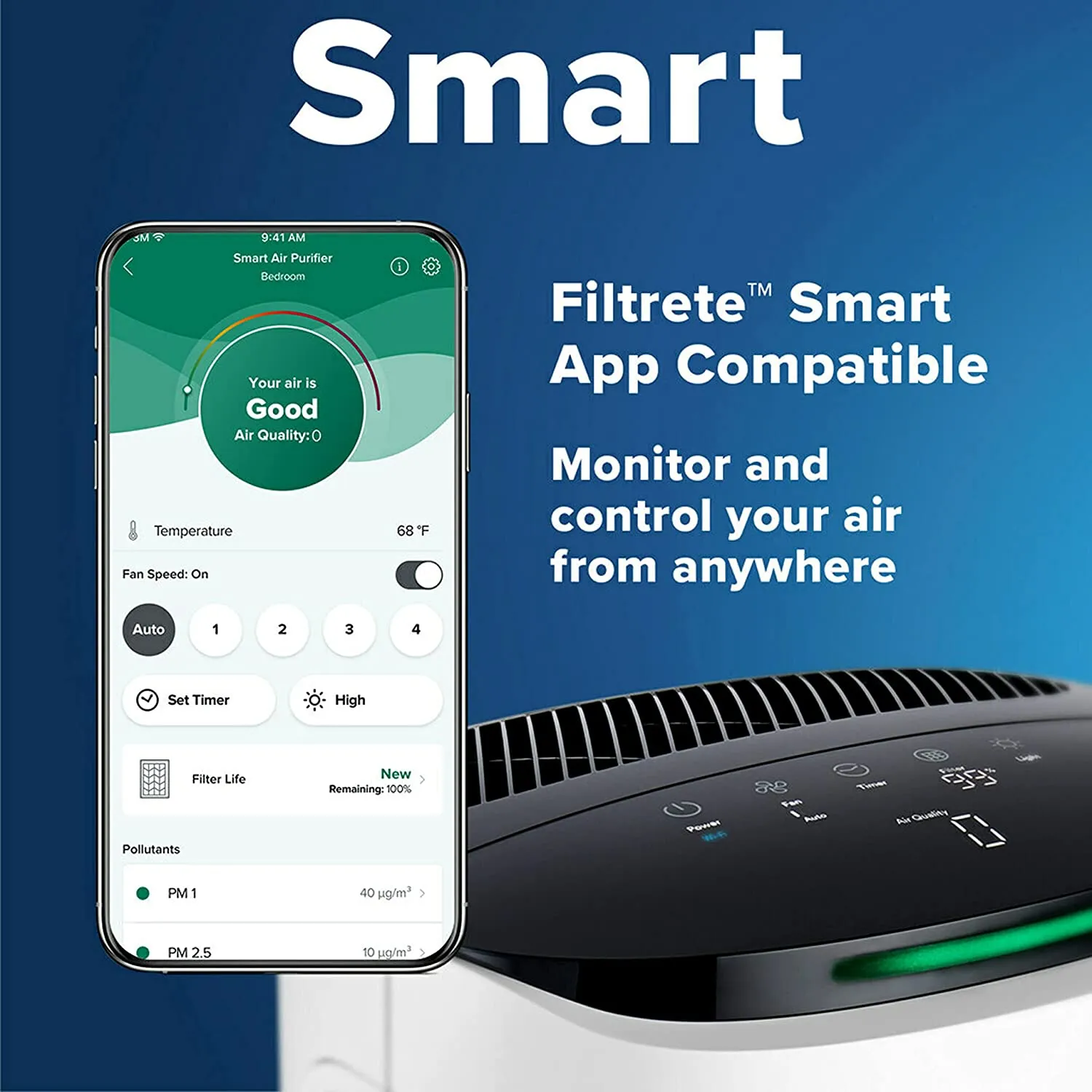Filtrete Smart Air Purifier, Air Quality Monitor Medium Rooms, Up To 150 Sq ft, Alexa Enabled