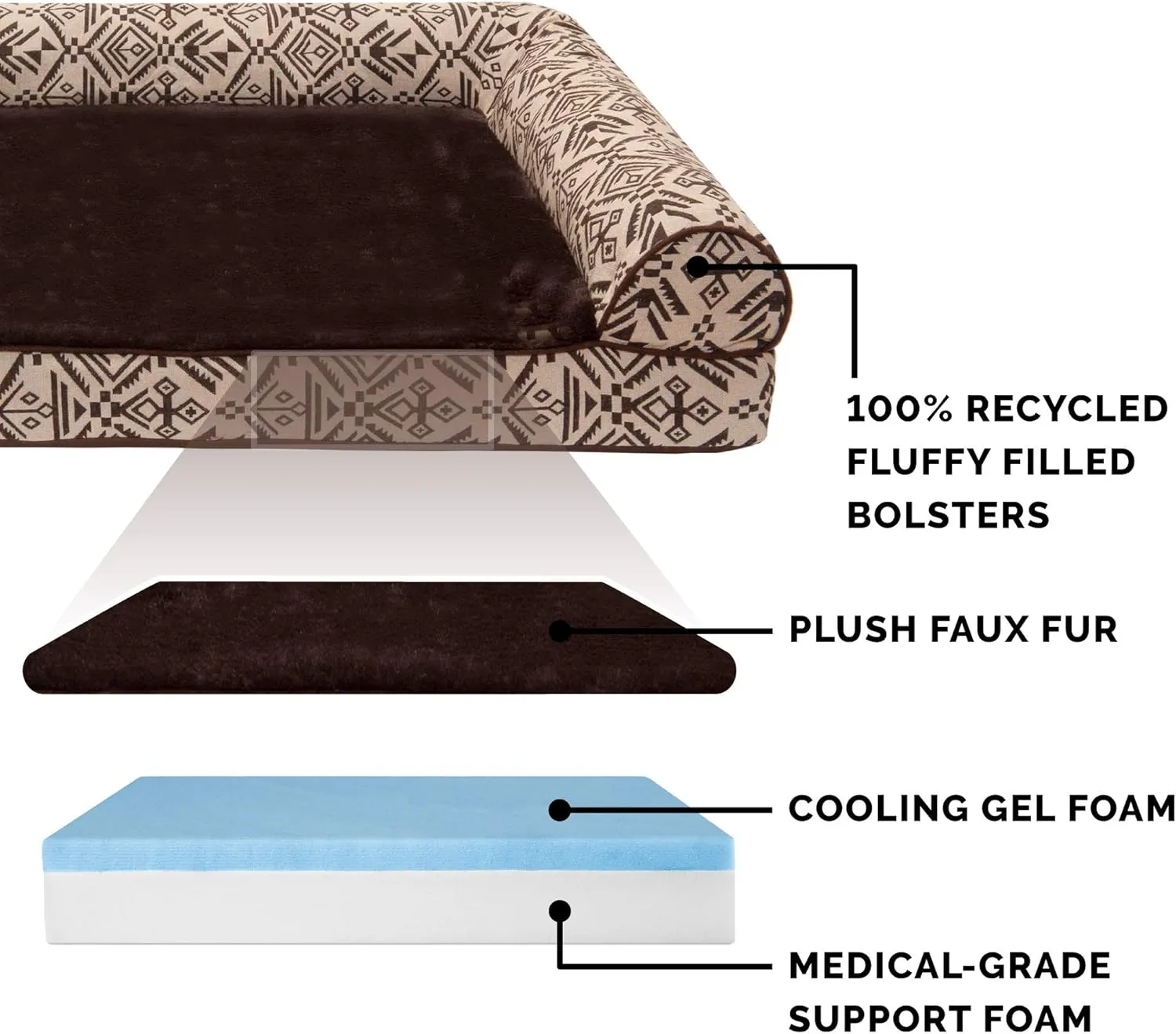 Furhaven Cooling Gel Dog Bed for Large Dogs w/ Removable Bolsters & Washable Cover, For Dogs Up to 125 lbs - Plush & Southwest Kilim Woven Decor Sofa - Desert Brown, Jumbo Plus/XXL