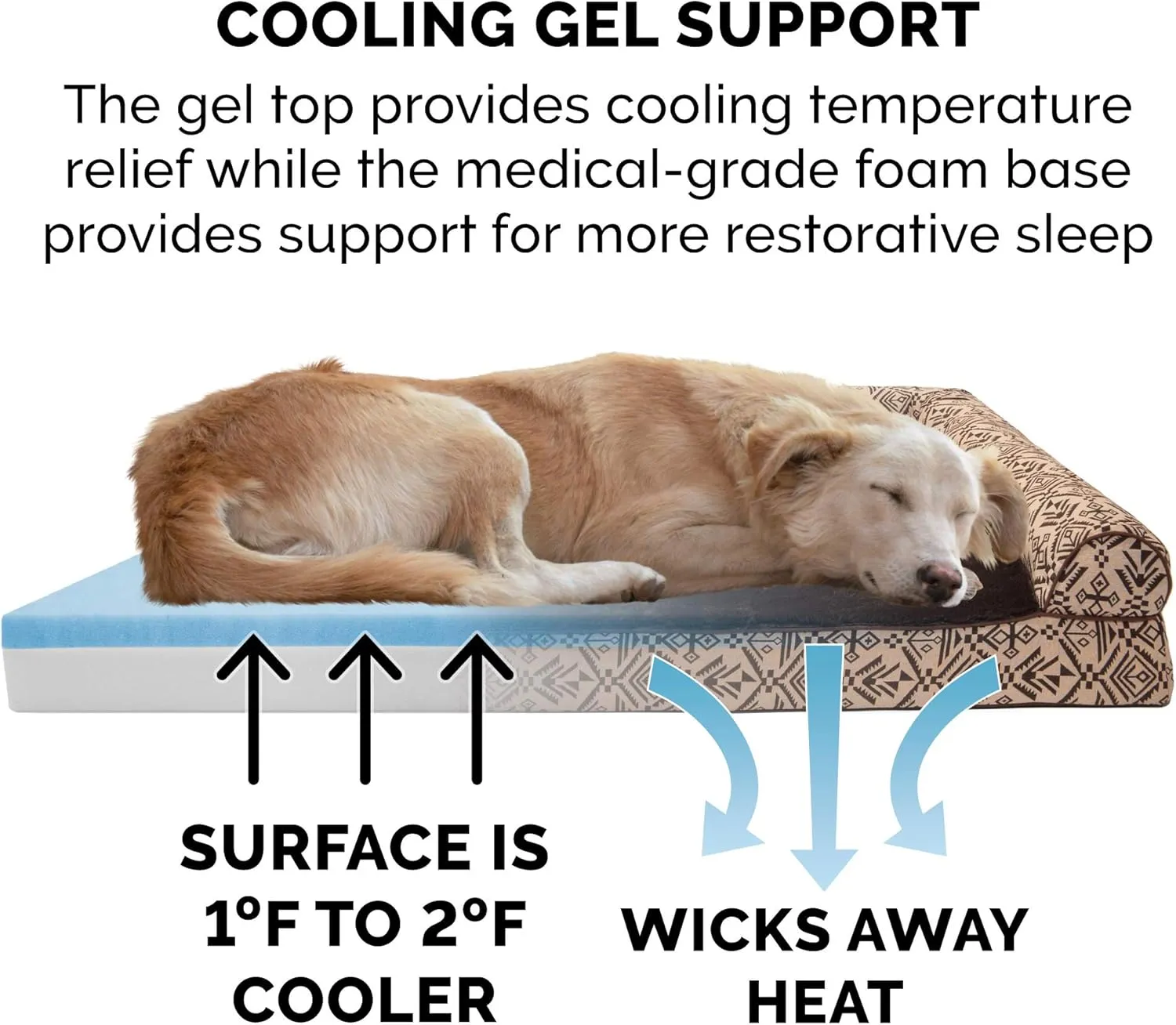 Furhaven Cooling Gel Dog Bed for Large Dogs w/ Removable Bolsters & Washable Cover, For Dogs Up to 125 lbs - Plush & Southwest Kilim Woven Decor Sofa - Desert Brown, Jumbo Plus/XXL