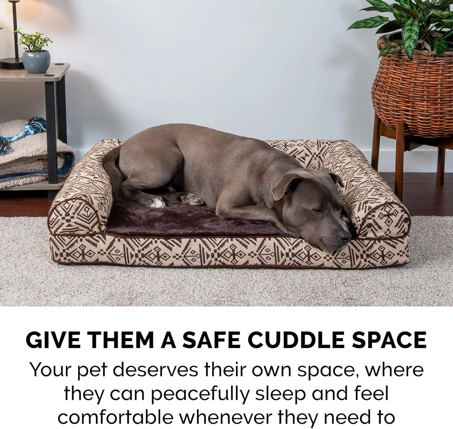 Furhaven Cooling Gel Dog Bed for Large Dogs w/ Removable Bolsters & Washable Cover, For Dogs Up to 125 lbs - Plush & Southwest Kilim Woven Decor Sofa - Desert Brown, Jumbo Plus/XXL