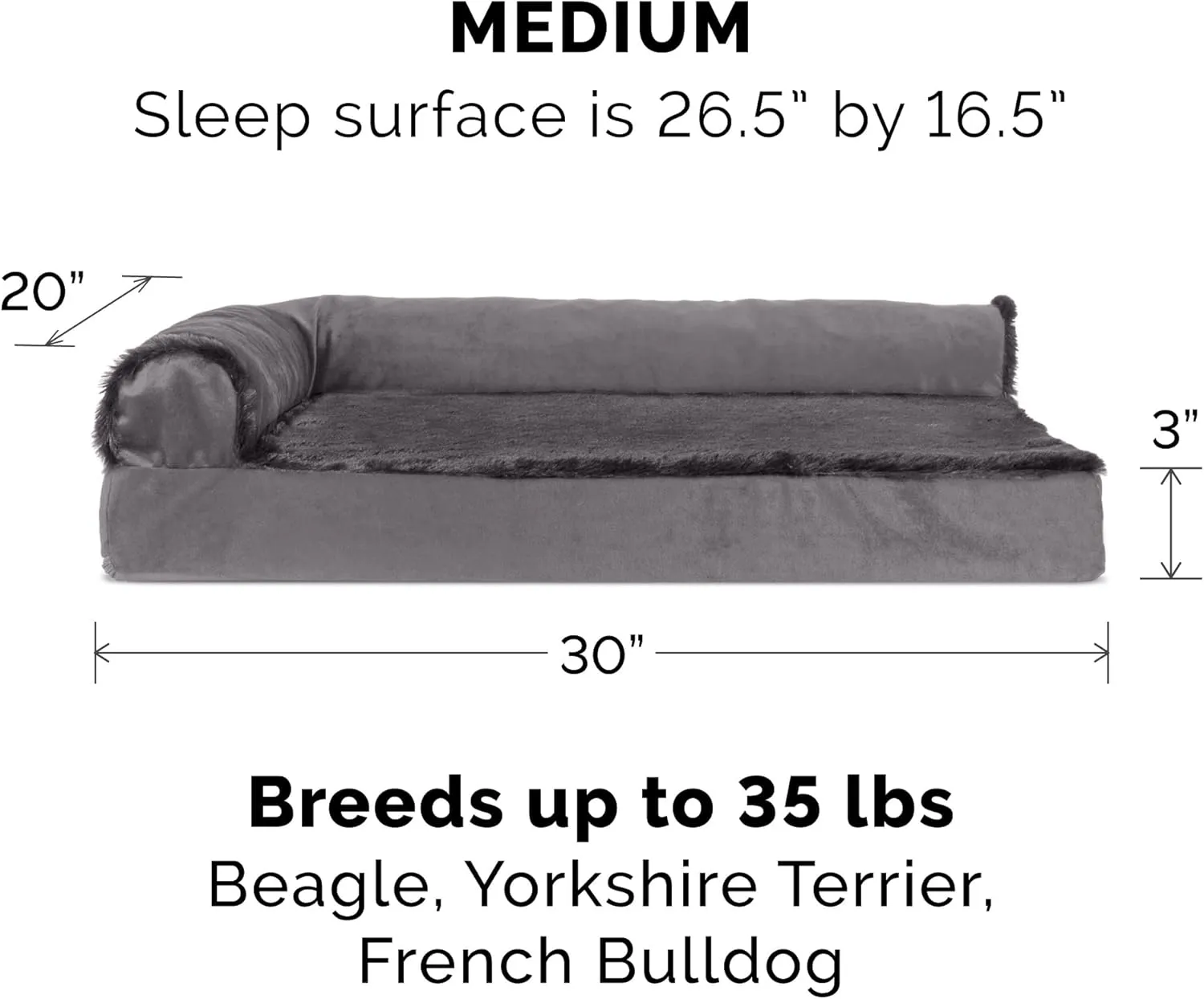 Furhaven Memory Foam Dog Bed for Medium/Small Dogs w/ Removable Bolsters & Washable Cover, For Dogs Up to 35 lbs - Plush & Velvet L Shaped Chaise - Platinum Gray, Medium