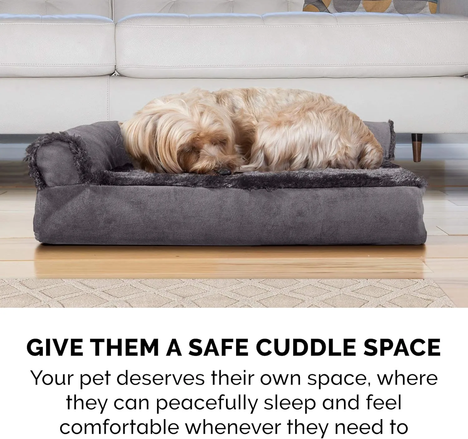 Furhaven Memory Foam Dog Bed for Medium/Small Dogs w/ Removable Bolsters & Washable Cover, For Dogs Up to 35 lbs - Plush & Velvet L Shaped Chaise - Platinum Gray, Medium