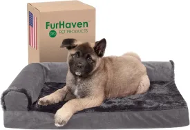 Furhaven Memory Foam Dog Bed for Medium/Small Dogs w/ Removable Bolsters & Washable Cover, For Dogs Up to 35 lbs - Plush & Velvet L Shaped Chaise - Platinum Gray, Medium