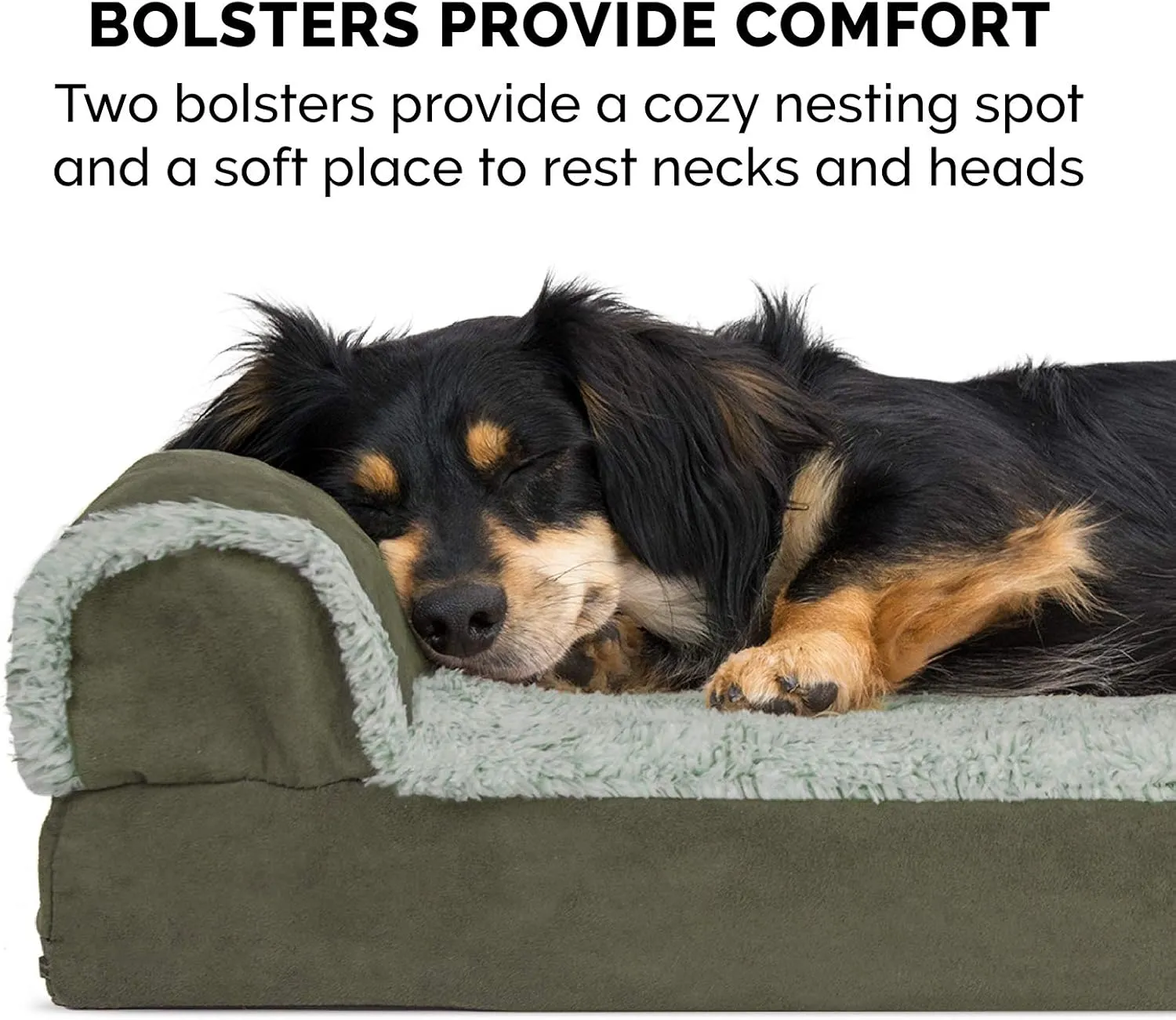 Furhaven Orthopedic Dog Bed for Large Dogs w/ Removable Bolsters & Washable Cover, For Dogs Up to 95 lbs - Two-Tone Plush Faux Fur & Suede L Shaped Chaise - Dark Sage, Jumbo/XL