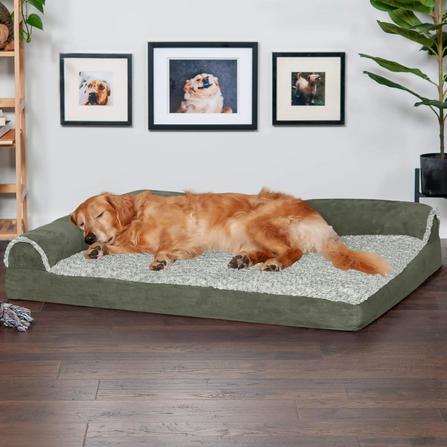 Furhaven Orthopedic Dog Bed for Large Dogs w/ Removable Bolsters & Washable Cover, For Dogs Up to 95 lbs - Two-Tone Plush Faux Fur & Suede L Shaped Chaise - Dark Sage, Jumbo/XL