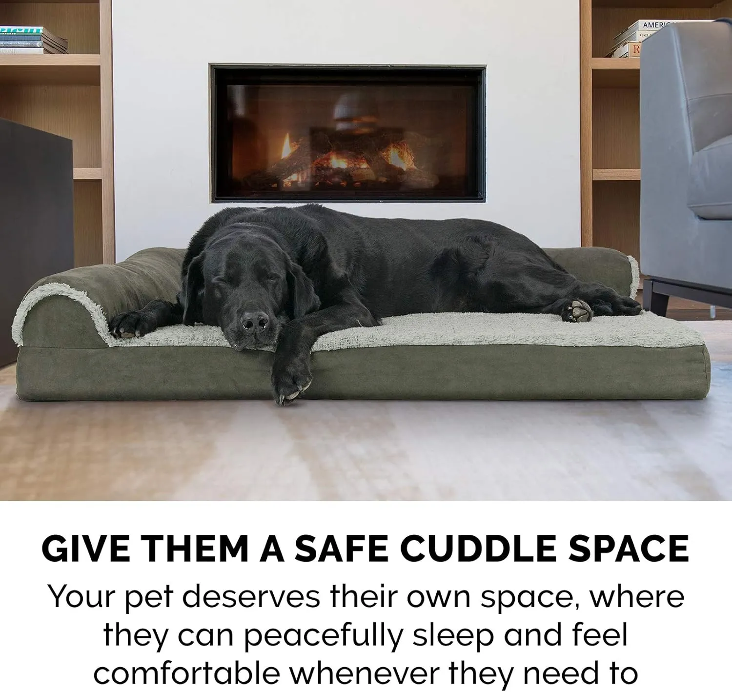 Furhaven Orthopedic Dog Bed for Large Dogs w/ Removable Bolsters & Washable Cover, For Dogs Up to 95 lbs - Two-Tone Plush Faux Fur & Suede L Shaped Chaise - Dark Sage, Jumbo/XL