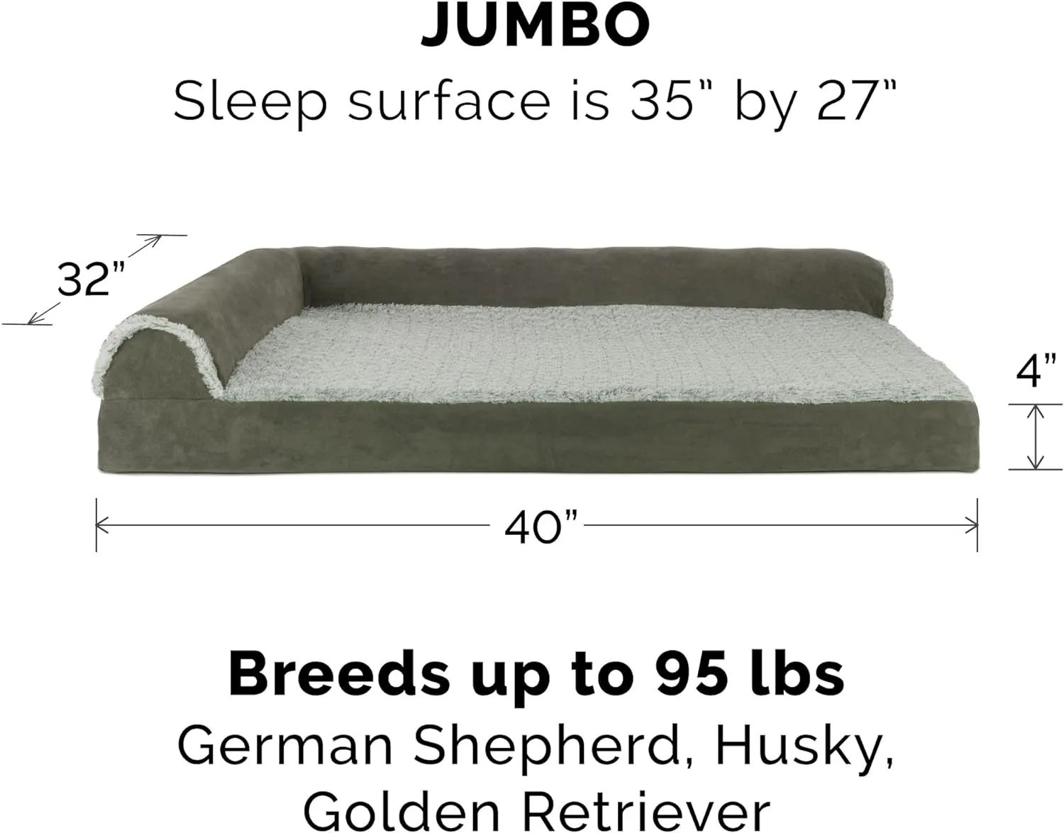Furhaven Orthopedic Dog Bed for Large Dogs w/ Removable Bolsters & Washable Cover, For Dogs Up to 95 lbs - Two-Tone Plush Faux Fur & Suede L Shaped Chaise - Dark Sage, Jumbo/XL