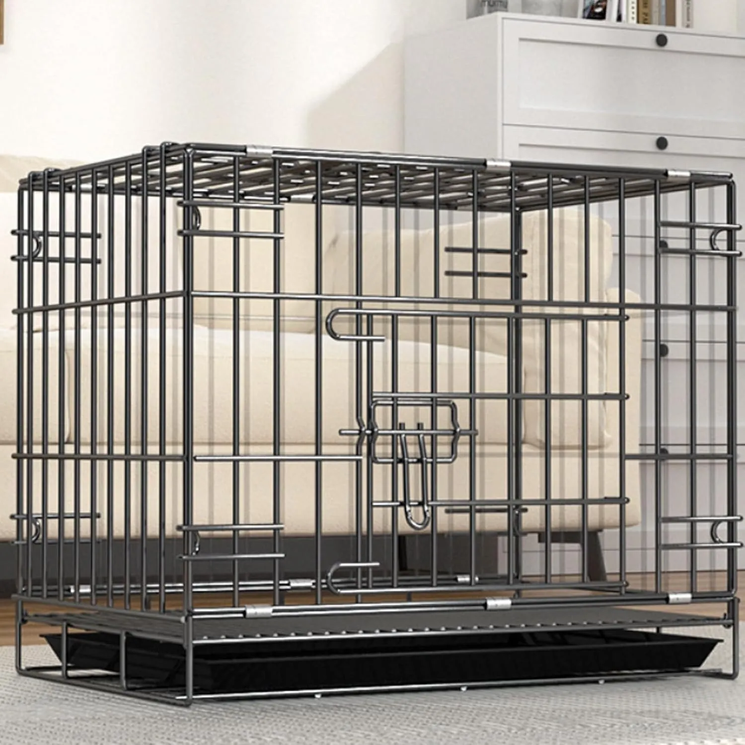 Heavy-Duty Steel Dog Crate - Foldable Kennel with Secure Latch, 23.6"x16.6"x19.7" Indoor Pet Cage, Removable Tray, Grey