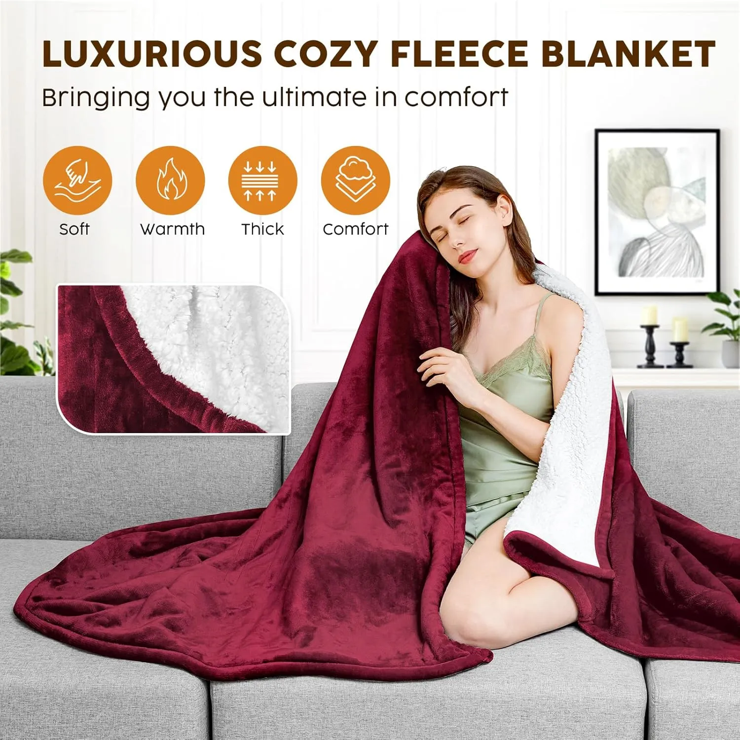 HYLEORY Heated Throw Blanket Flannel Electric Blanket Throw with 4 hrs Timer Auto-Off & 3 Heating Levels Sherpa Heated Blankets with Overheating Protection,50"x60",Red