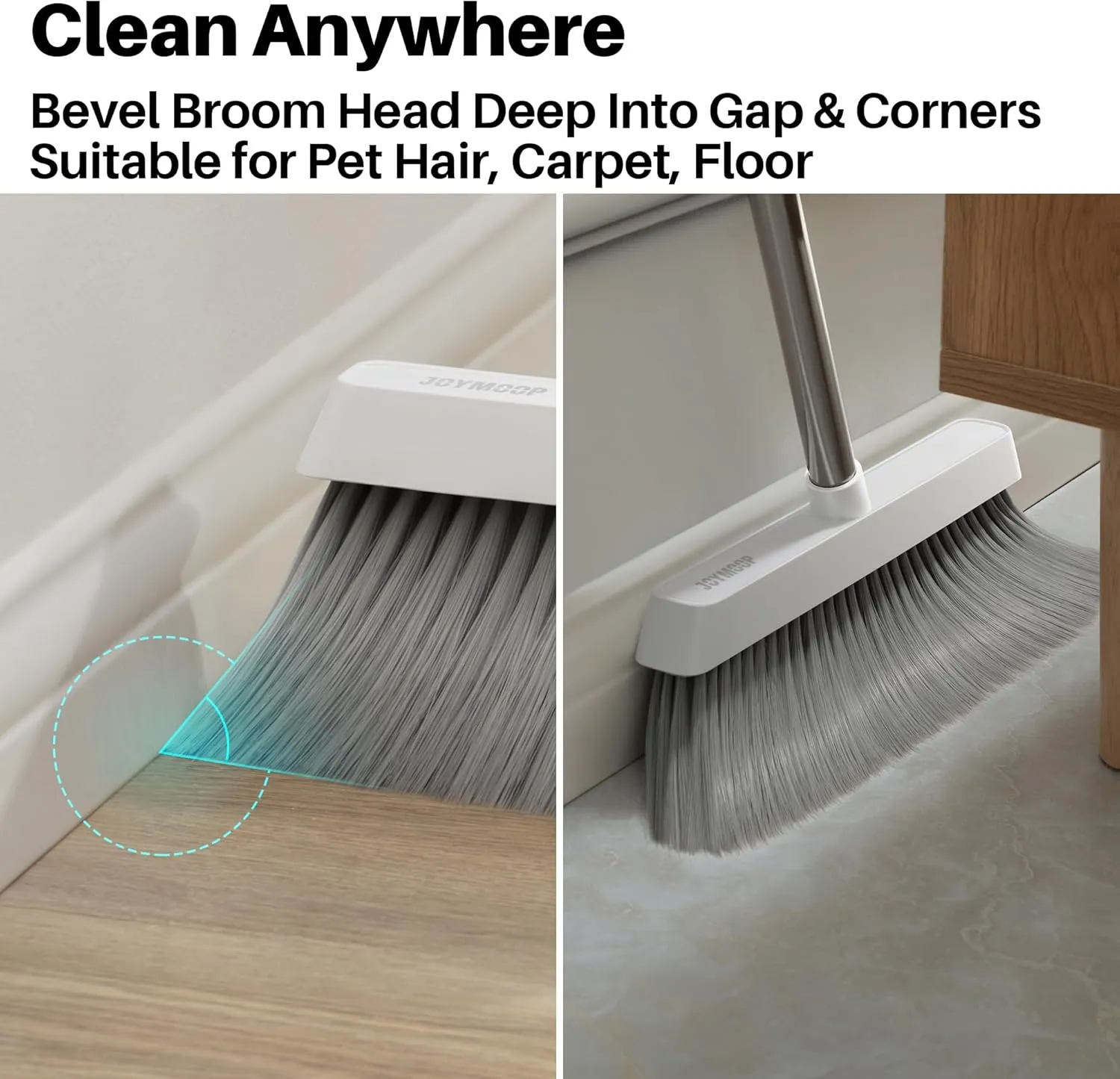 JOYMOOP Broom and Dustpan Set, Upright Standing Brooms for Sweeping Indoor, Light Weight Stainless Steel can be Hung on The Wall, Suitable for Pet Hair, Carpet, Floor