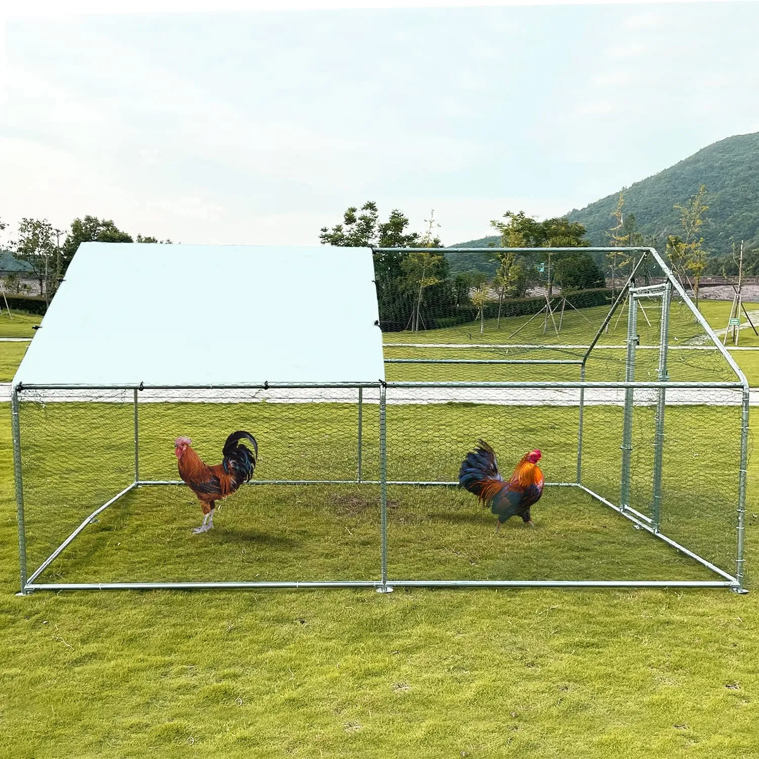Large Metal Chicken Coop Walk-in Poultry Cage Chicken Run Pen Dog Kennel with Waterproof and Anti-Ultraviolet Cover for Outdoor Farm Use (9.8' L x 13.1' W x 6.4' H)