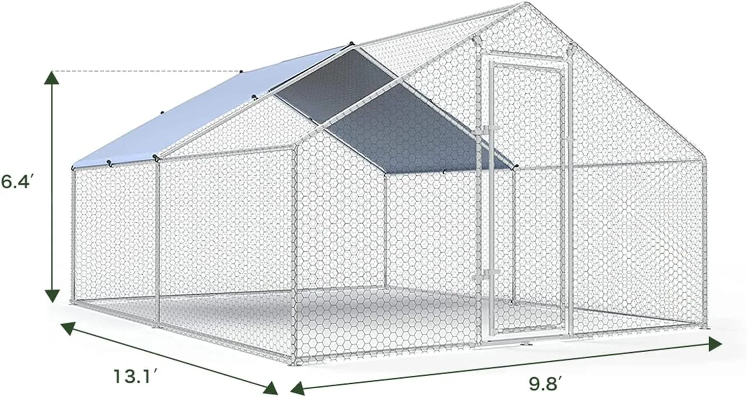 Large Metal Chicken Coop Walk-in Poultry Cage Chicken Run Pen Dog Kennel with Waterproof and Anti-Ultraviolet Cover for Outdoor Farm Use (9.8' L x 13.1' W x 6.4' H)